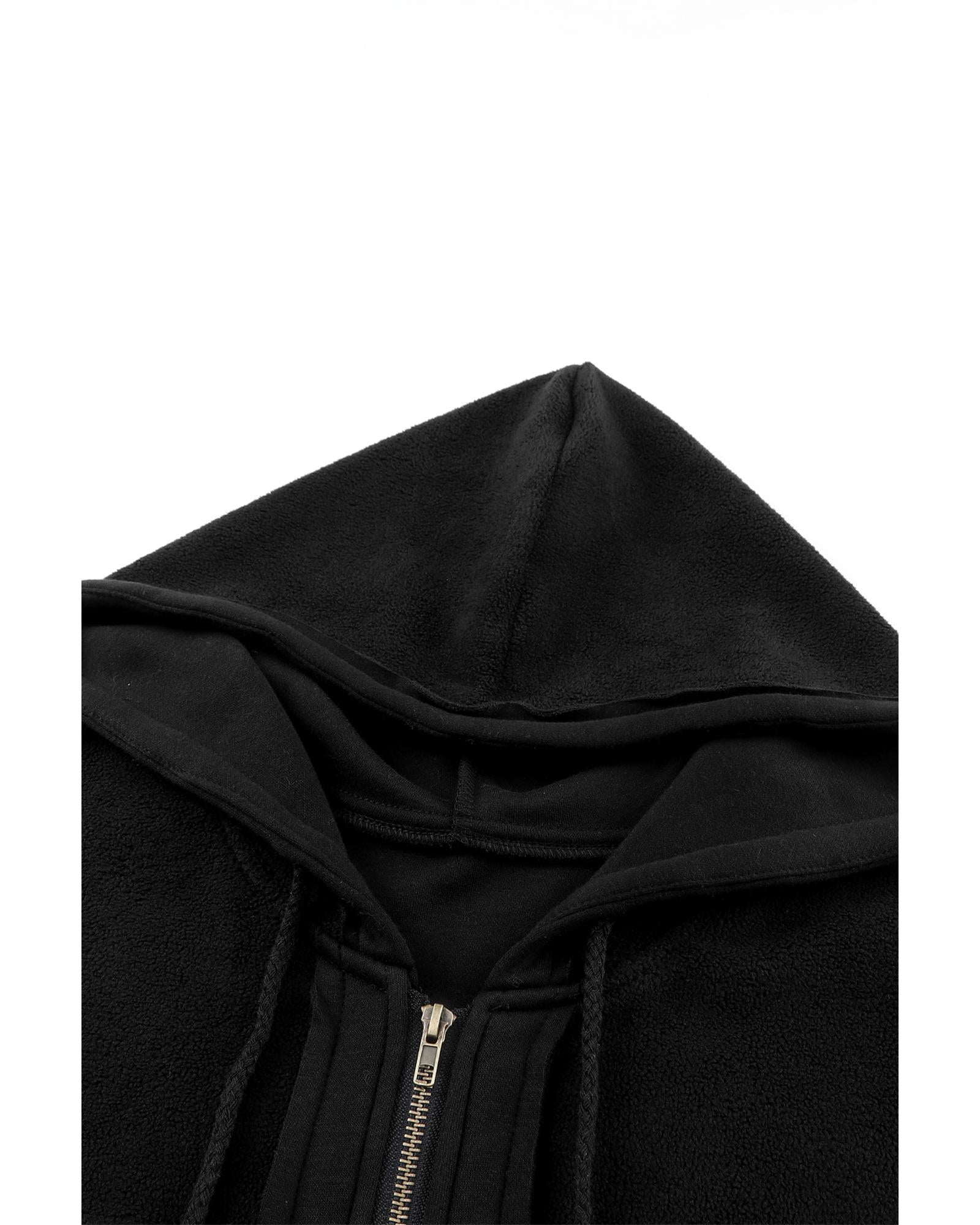 Black Flap Pocket Drawstring Hood Zip Up Jacket - L