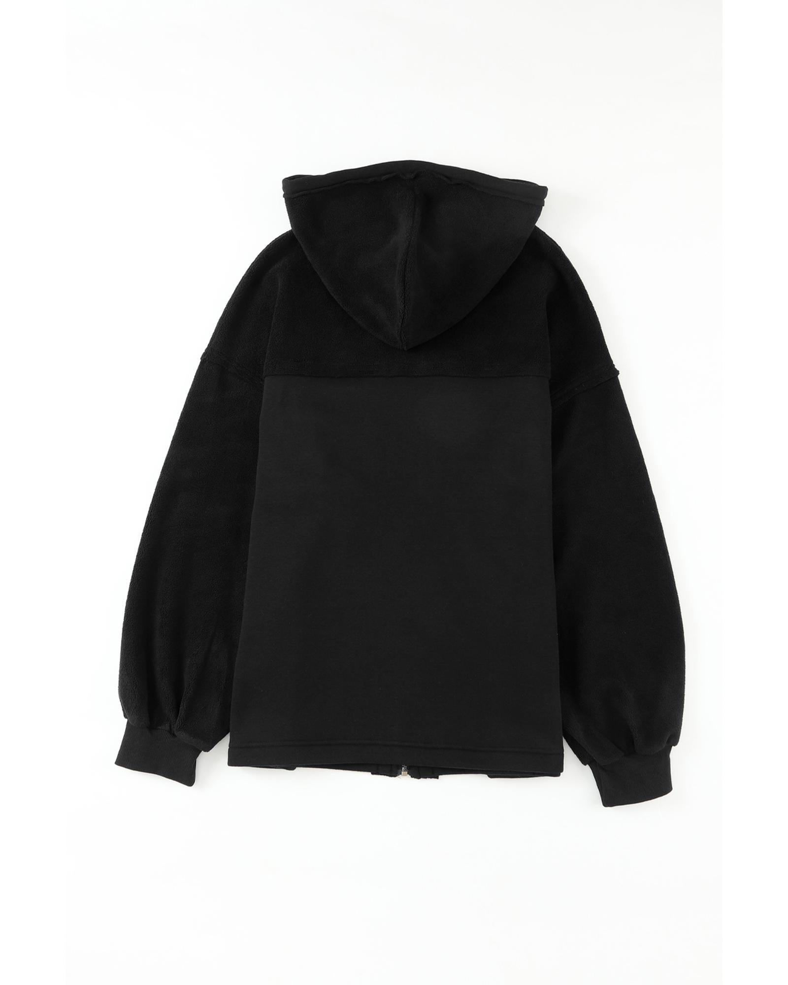 Black Flap Pocket Drawstring Hood Zip Up Jacket - L