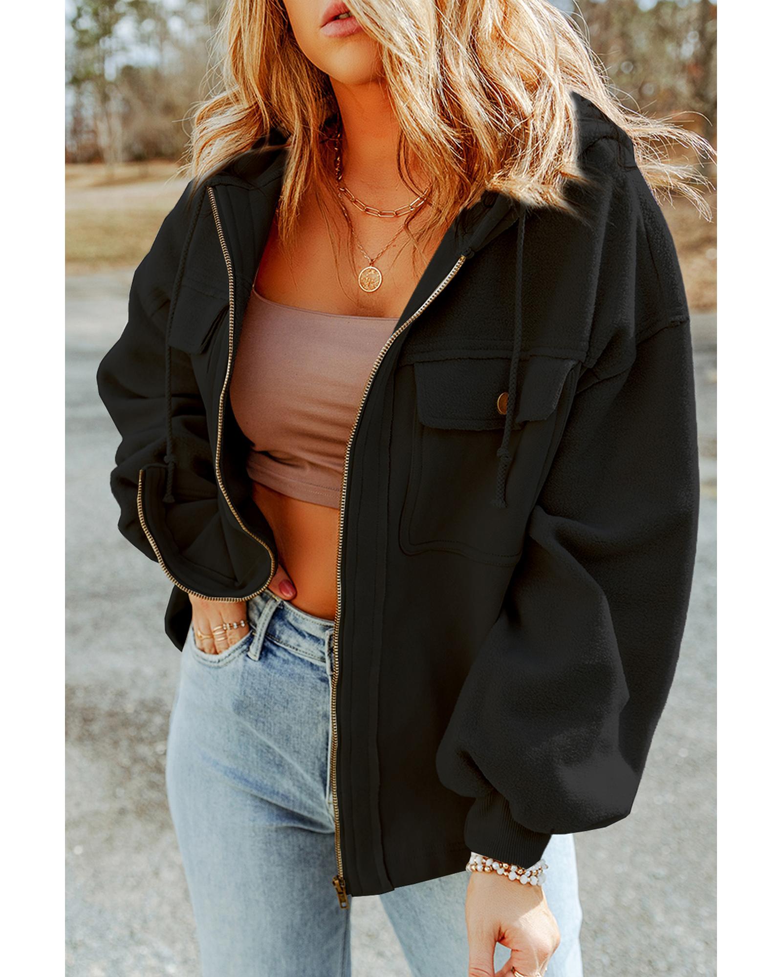 Black Flap Pocket Drawstring Hood Zip Up Jacket - L