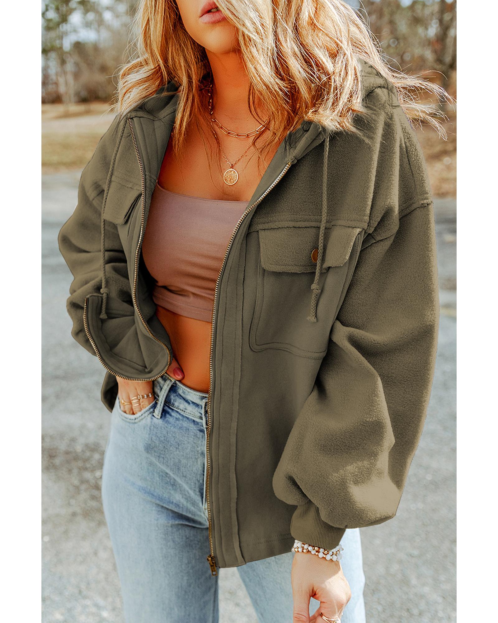 Green Flap Pocket Drawstring Hood Zip Up Jacket - 2XL