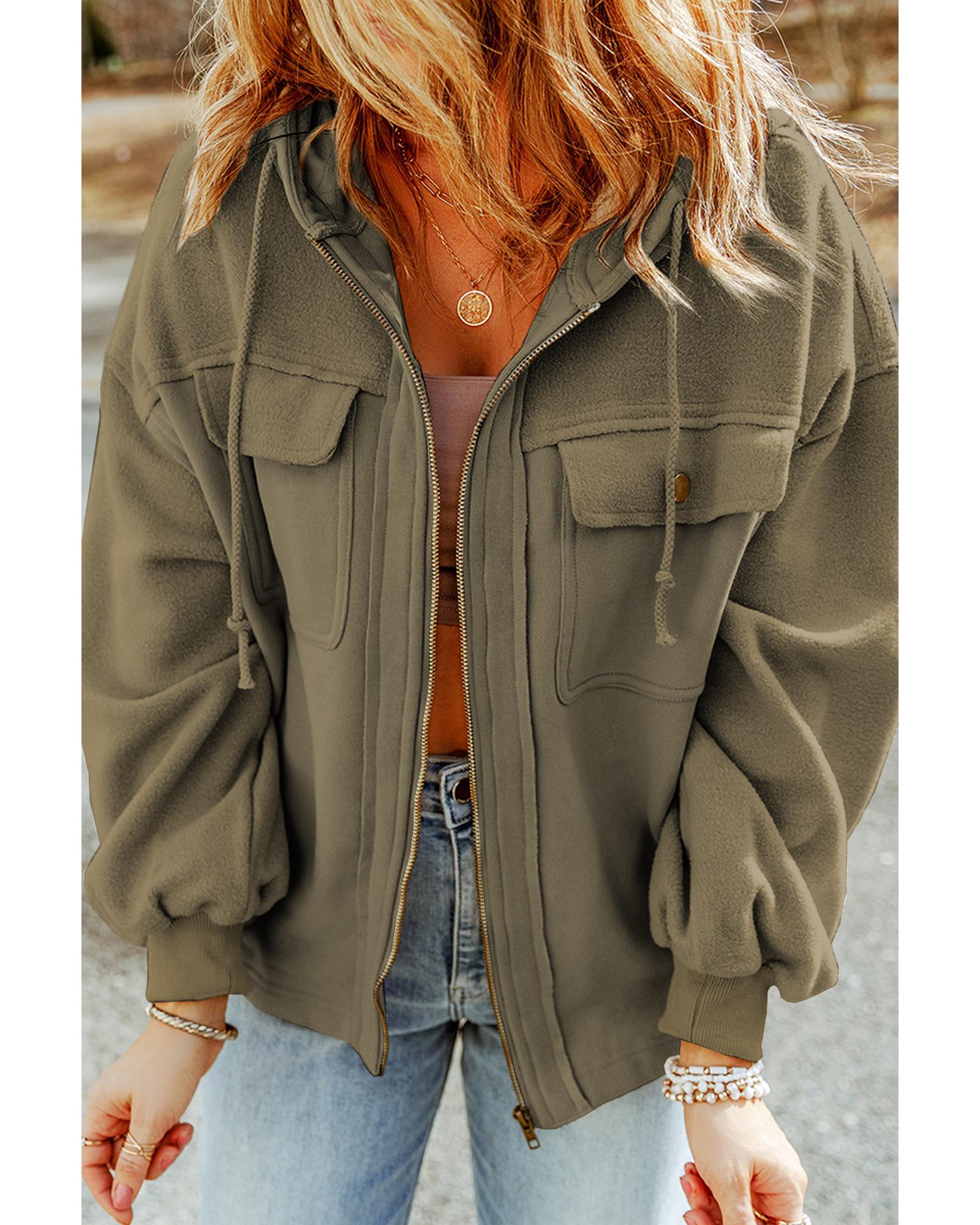 Green Flap Pocket Drawstring Hood Zip Up Jacket - S