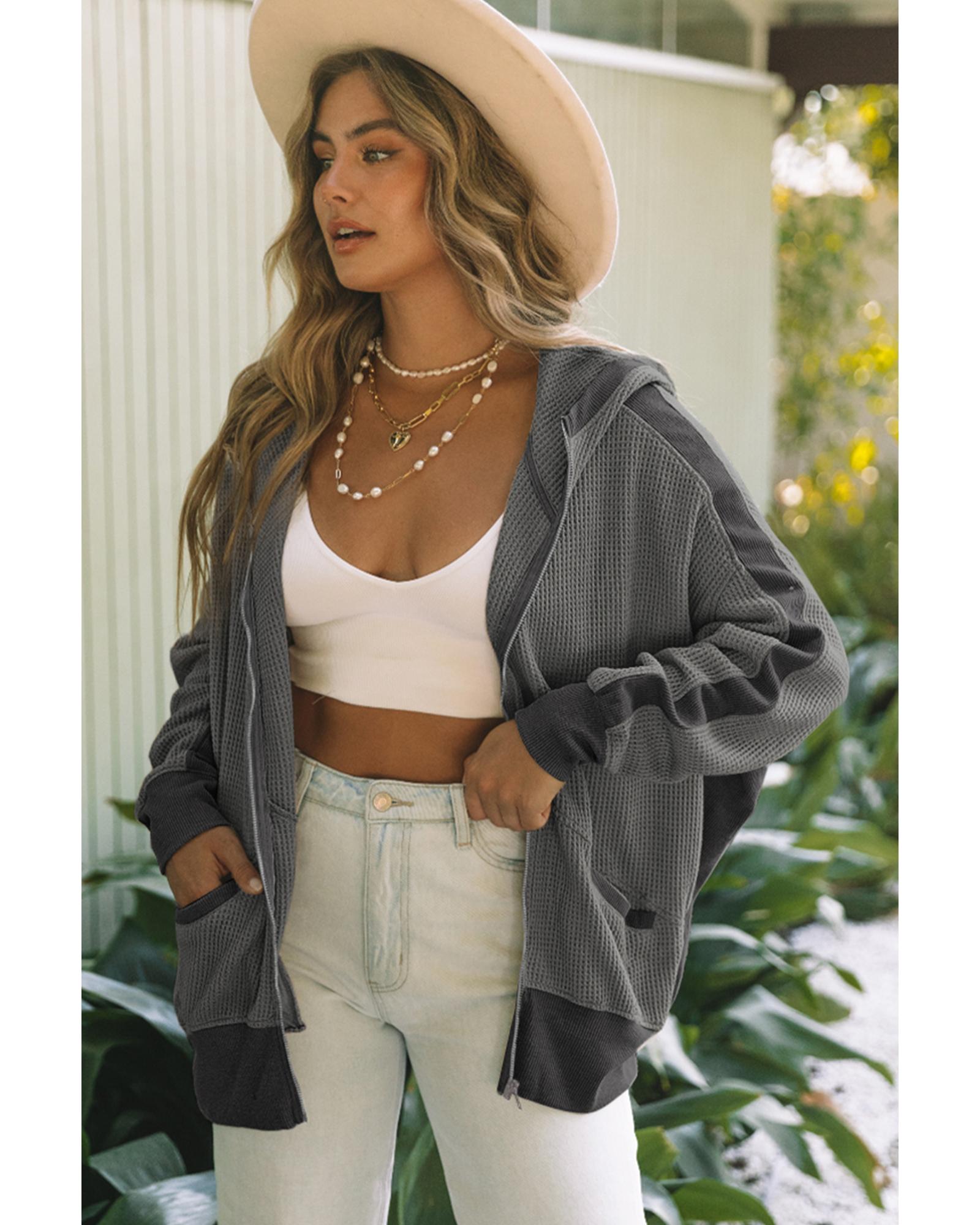 Gray Thermal Waffle Knit Full Zipper Hooded Jacket - L