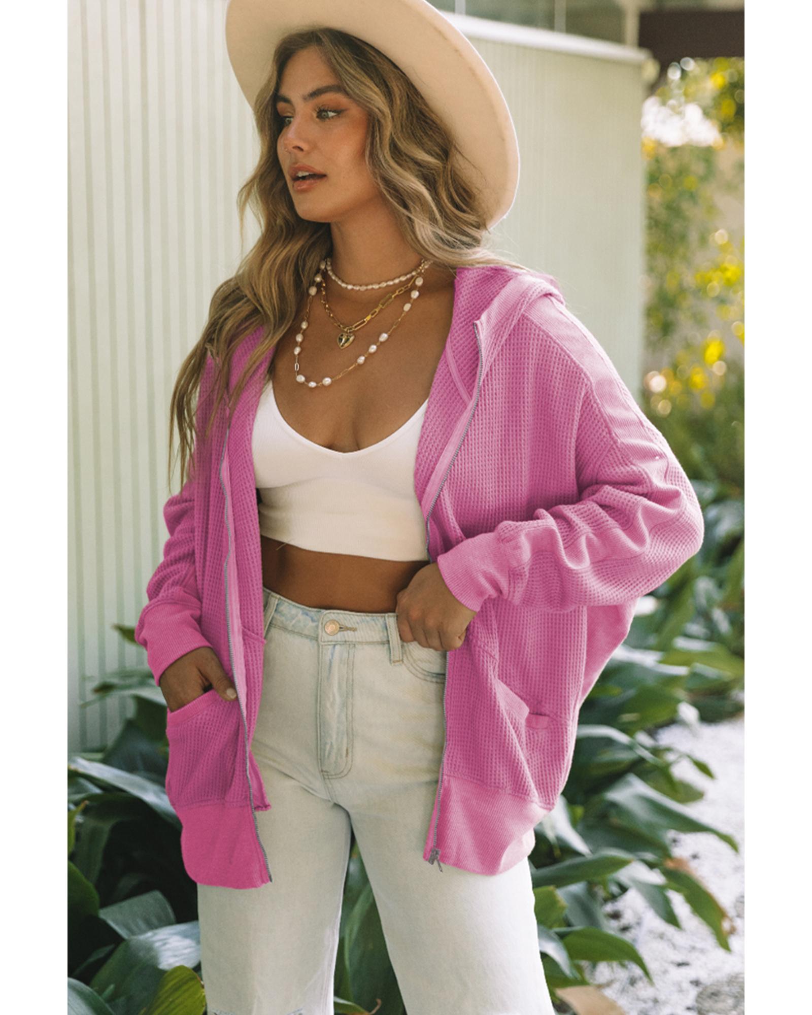 Rose Thermal Waffle Knit Full Zipper Hooded Jacket - L