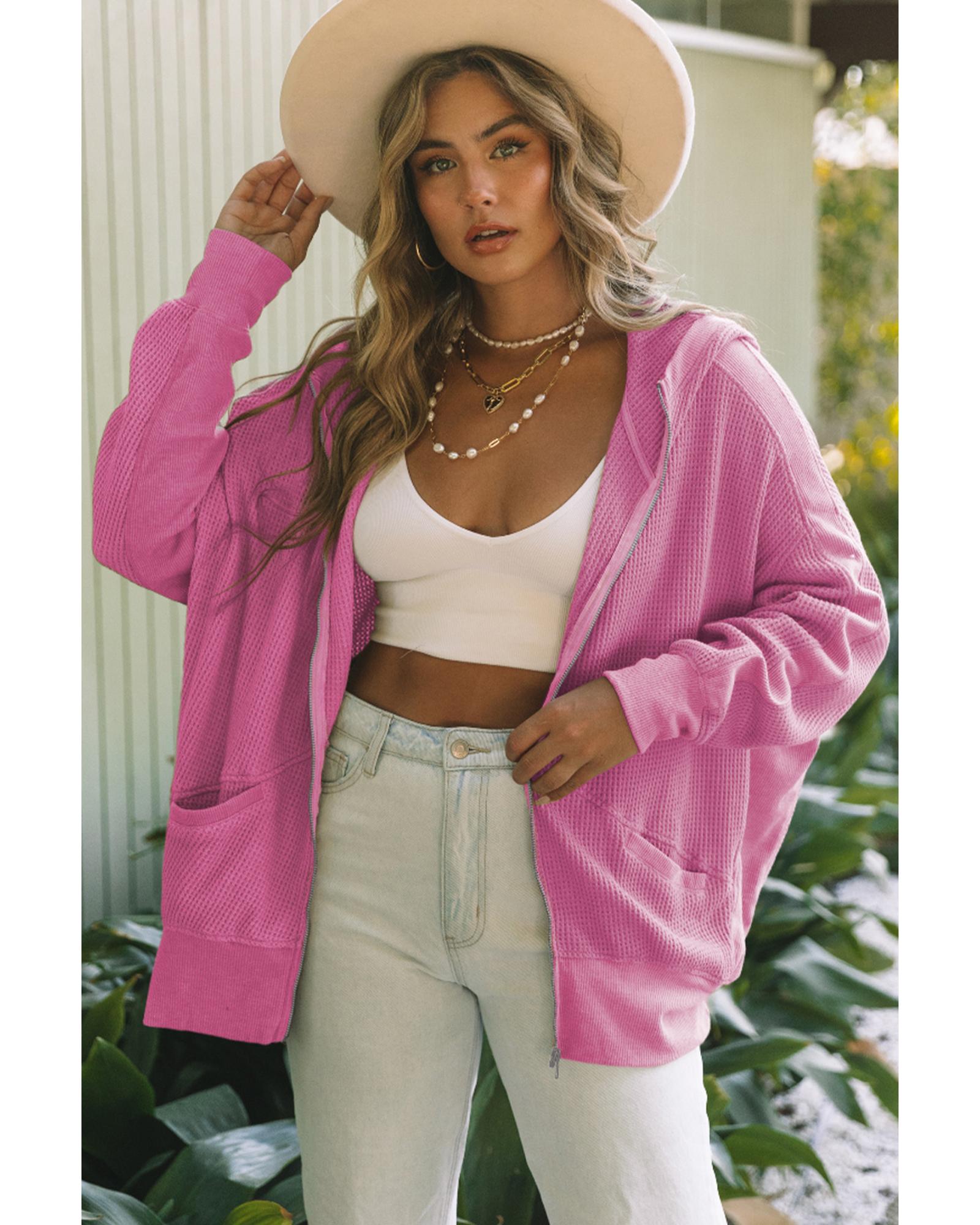 Rose Thermal Waffle Knit Full Zipper Hooded Jacket - M