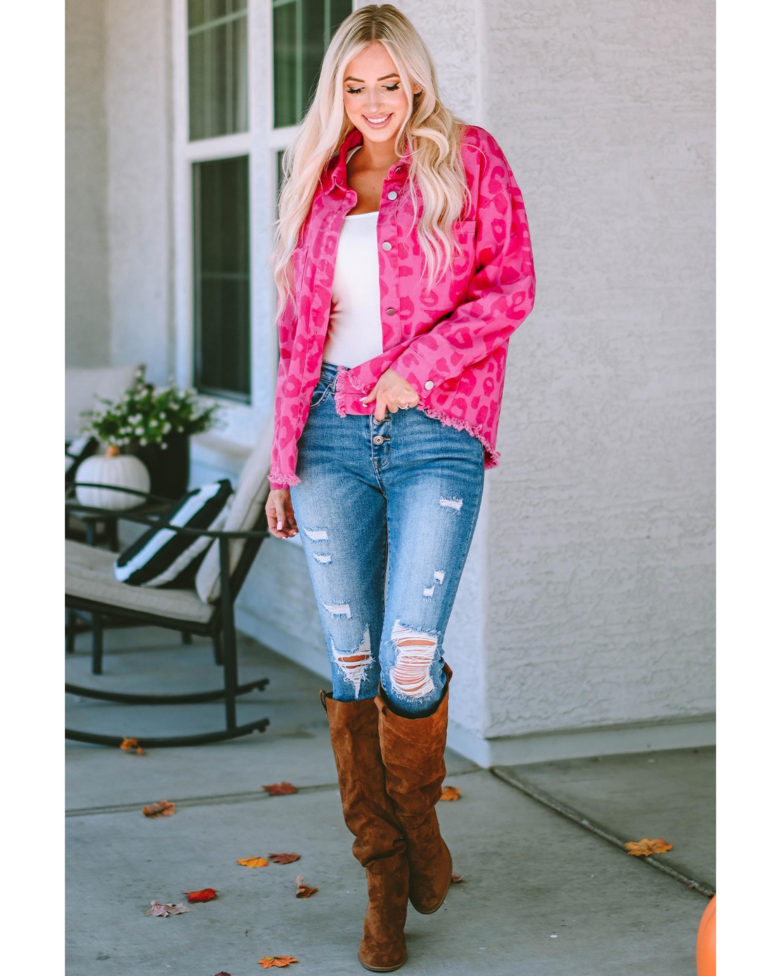 Pink Leopard Print Button Cuffs Raw Hem Jacket - M