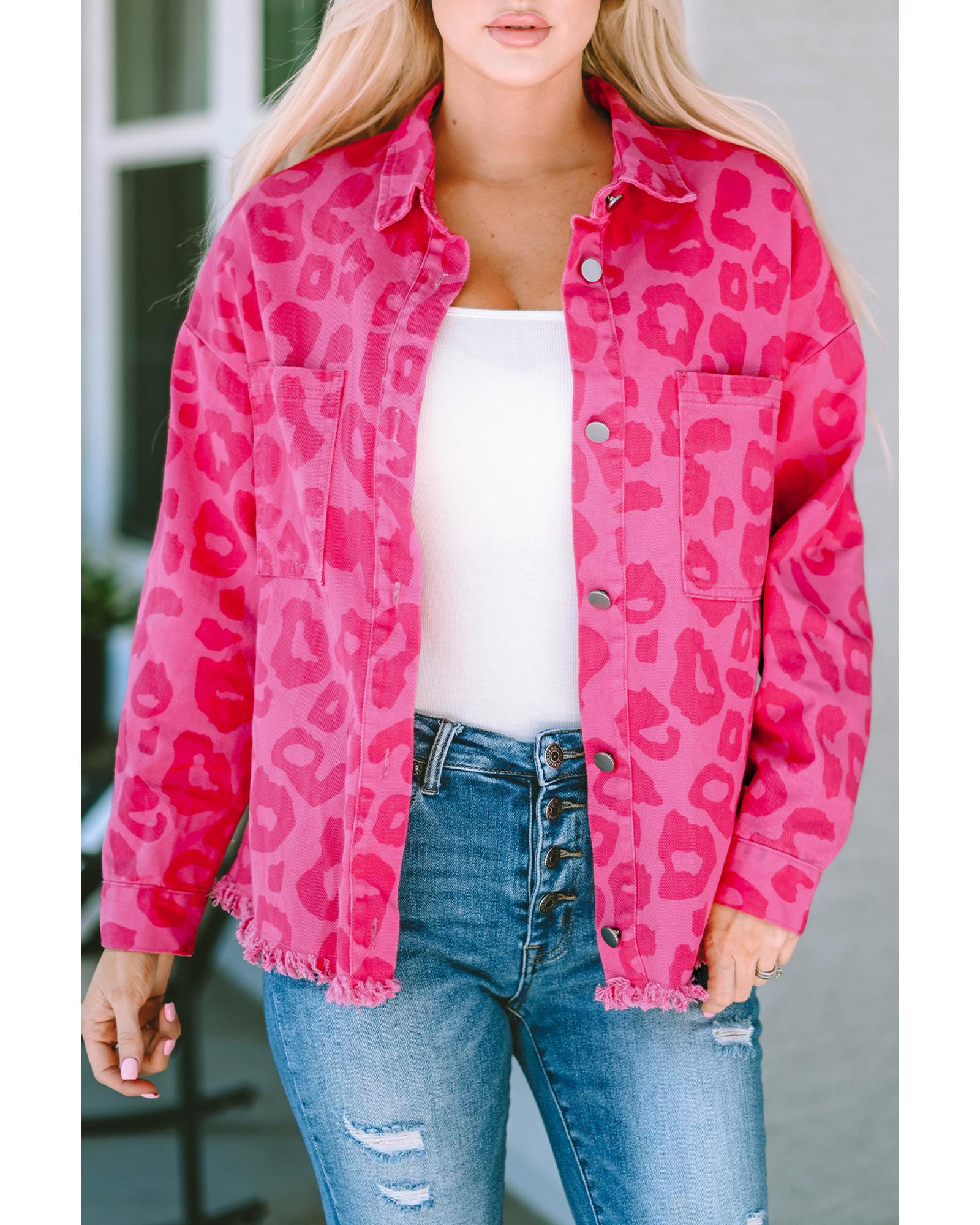 Pink Leopard Print Button Cuffs Raw Hem Jacket - S