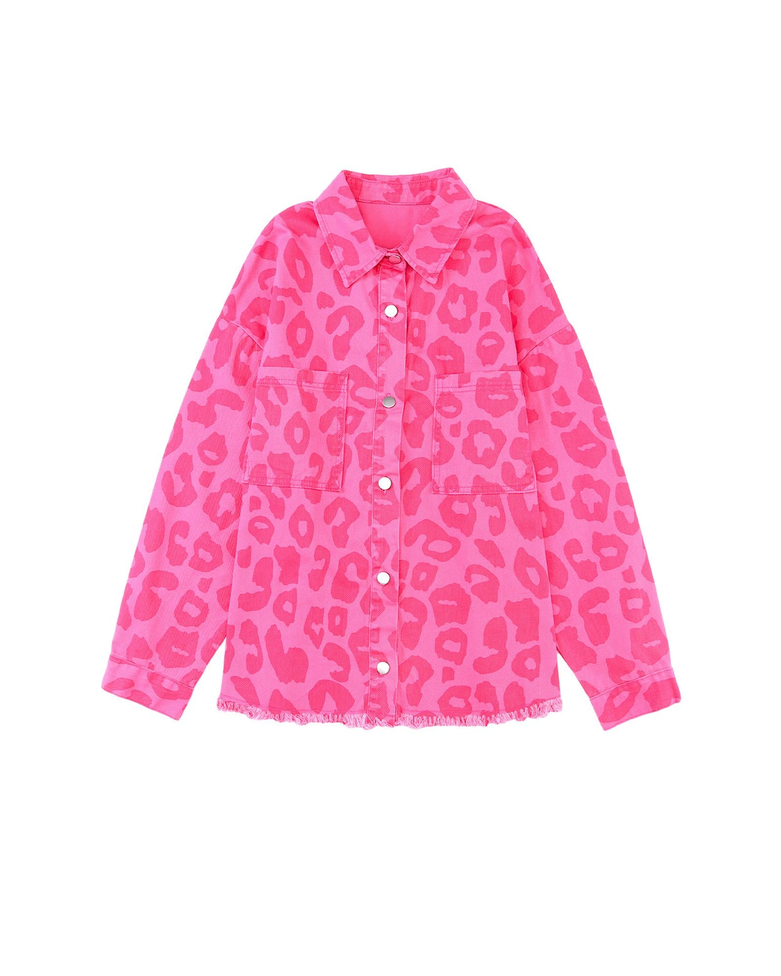 Pink Leopard Print Button Cuffs Raw Hem Jacket - XL