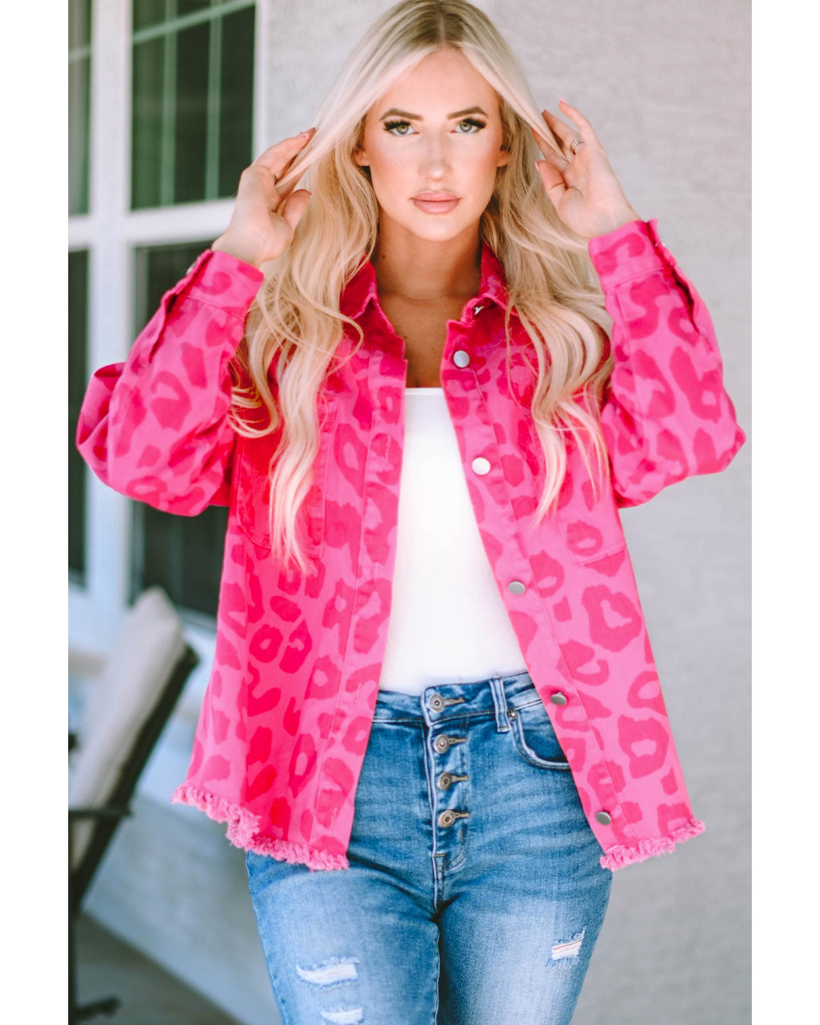 Pink Leopard Print Button Cuffs Raw Hem Jacket - XL