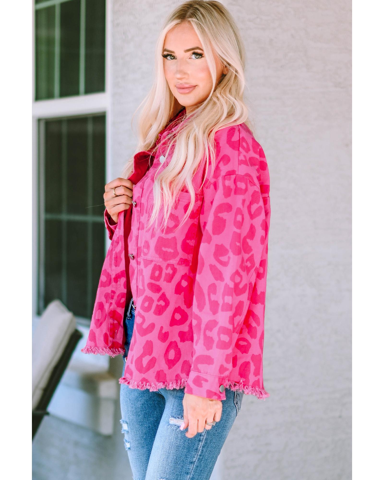 Pink Leopard Print Button Cuffs Raw Hem Jacket - XL