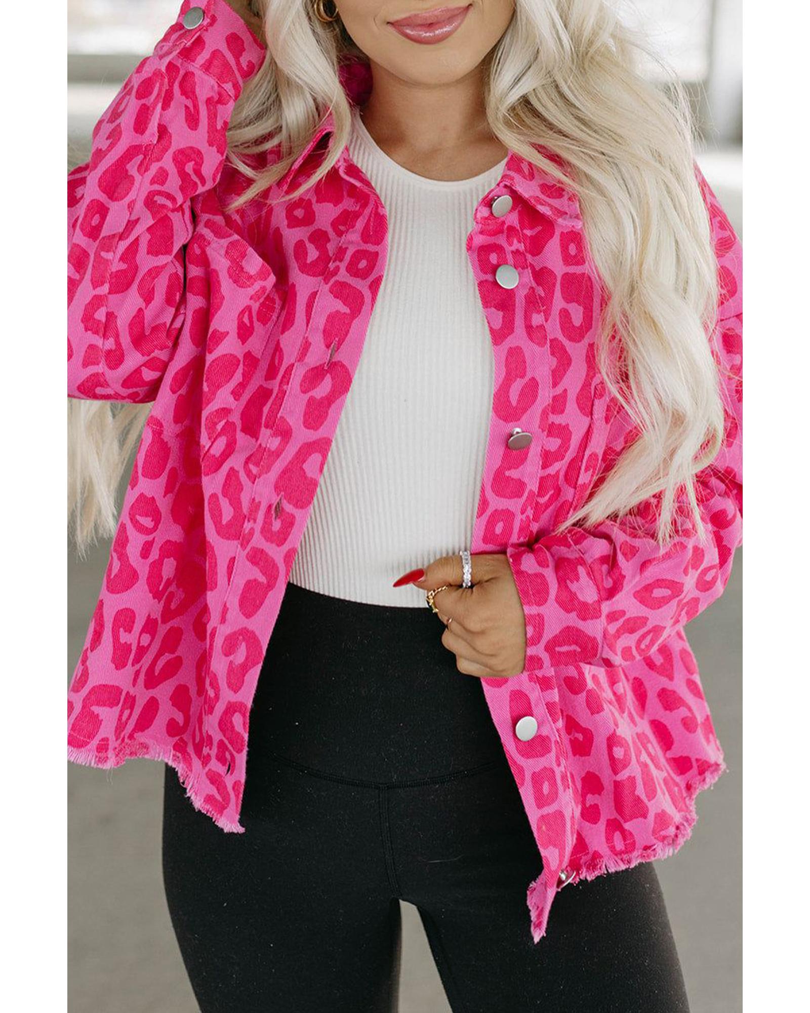 Pink Leopard Print Button Cuffs Raw Hem Jacket - XL