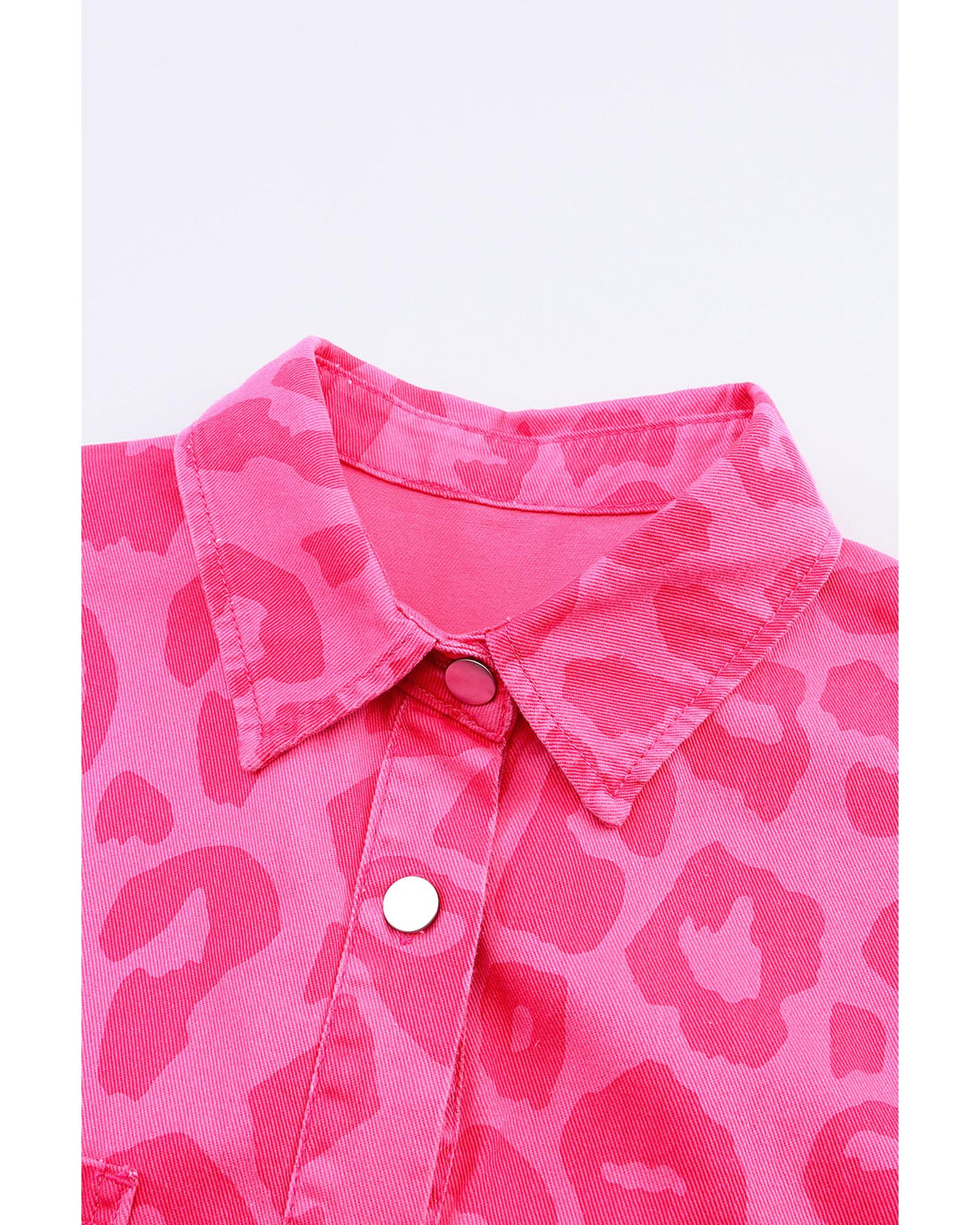 Pink Leopard Print Button Cuffs Raw Hem Jacket - XL