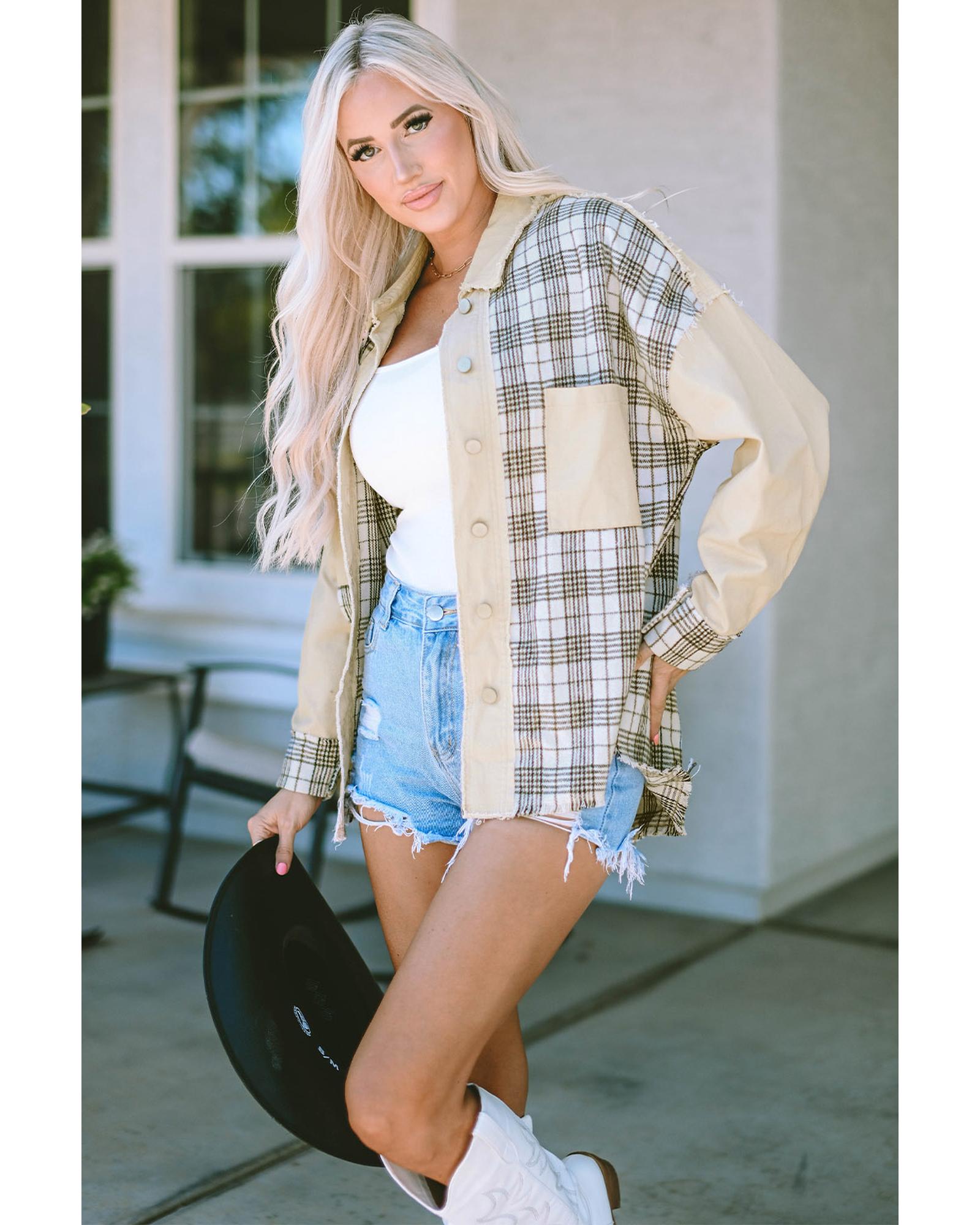 Khaki Distressed Raw Edge Plaid Patchwork Denim Jacket - L