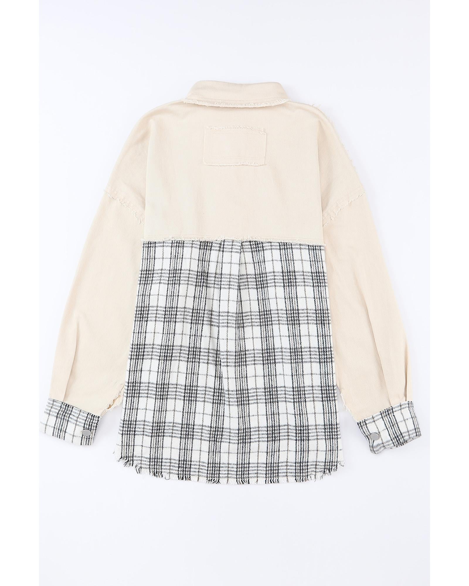 Khaki Distressed Raw Edge Plaid Patchwork Denim Jacket - L