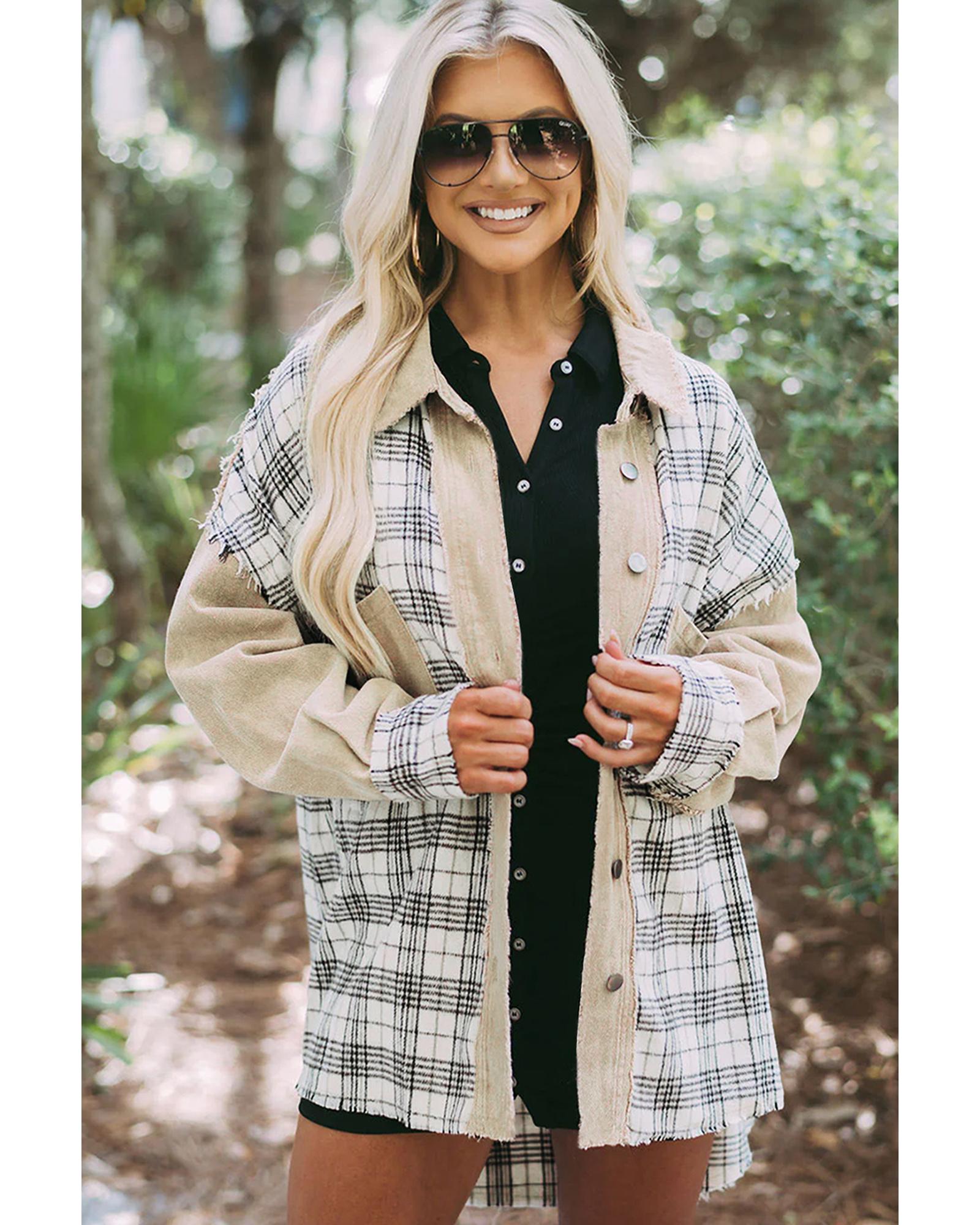 Khaki Distressed Raw Edge Plaid Patchwork Denim Jacket - M