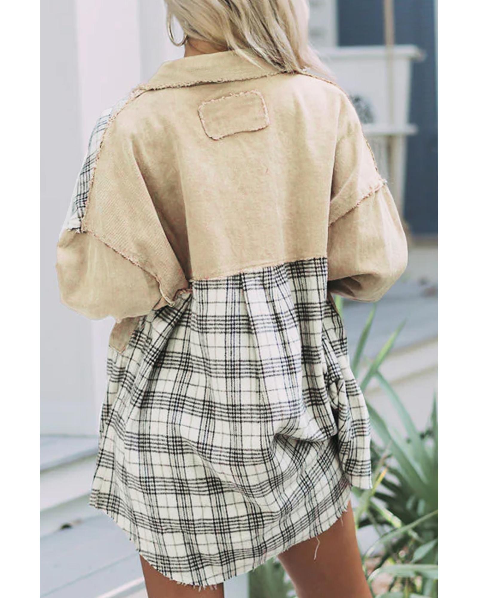 Khaki Distressed Raw Edge Plaid Patchwork Denim Jacket - XL