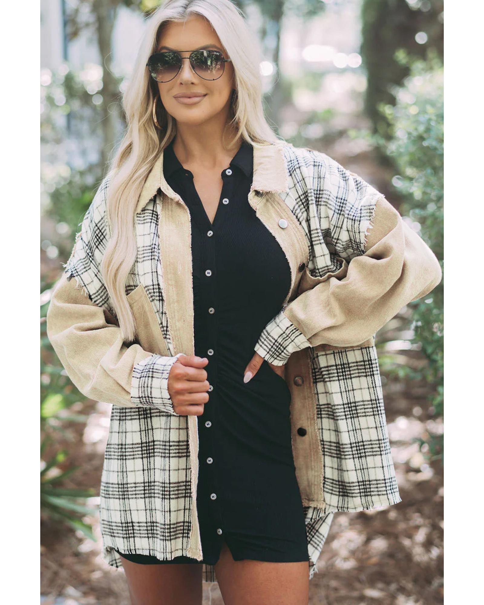 Khaki Distressed Raw Edge Plaid Patchwork Denim Jacket - XL