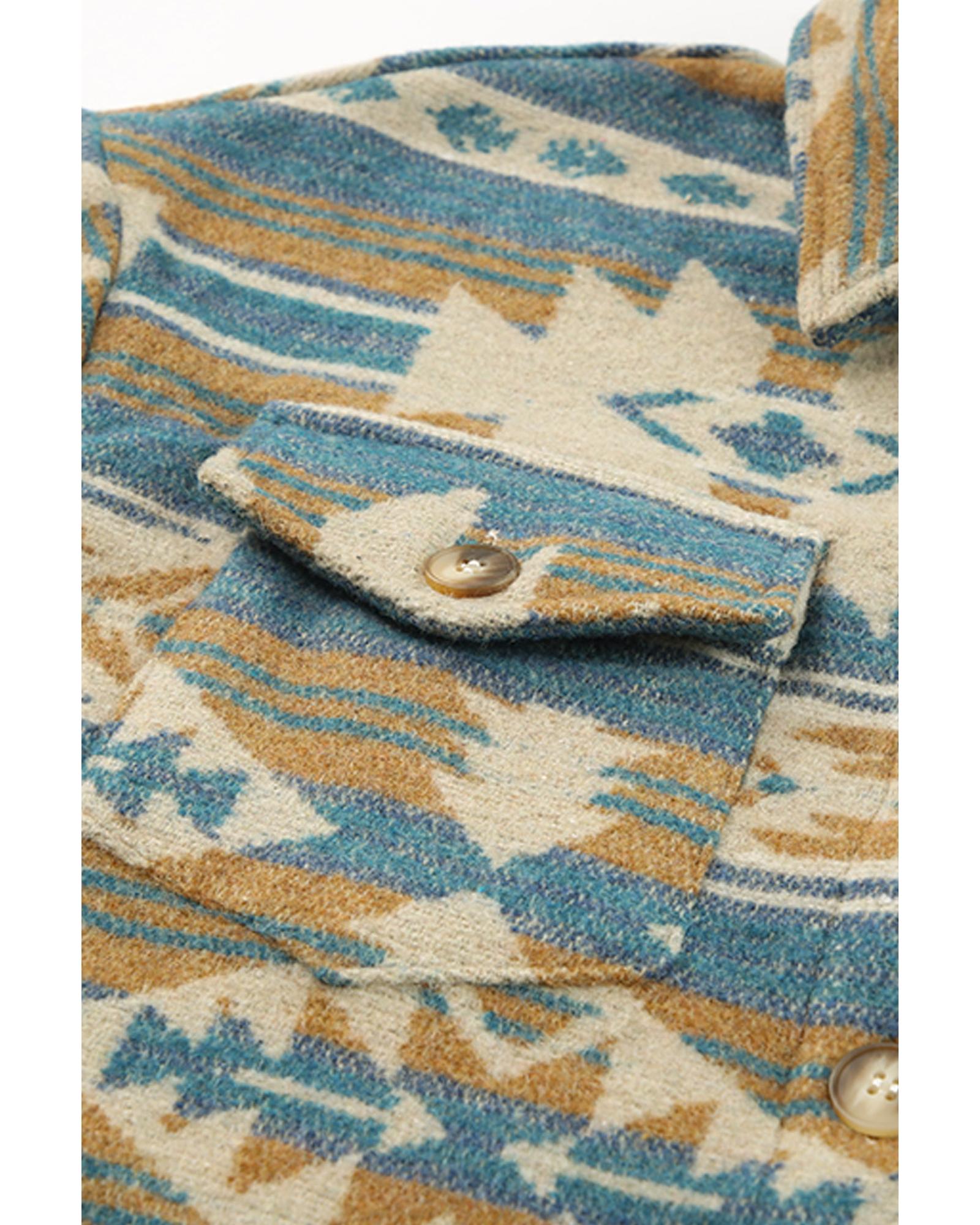 Azura Exchange Blue Western Aztec Print Button Flap Pocket Shacket - L