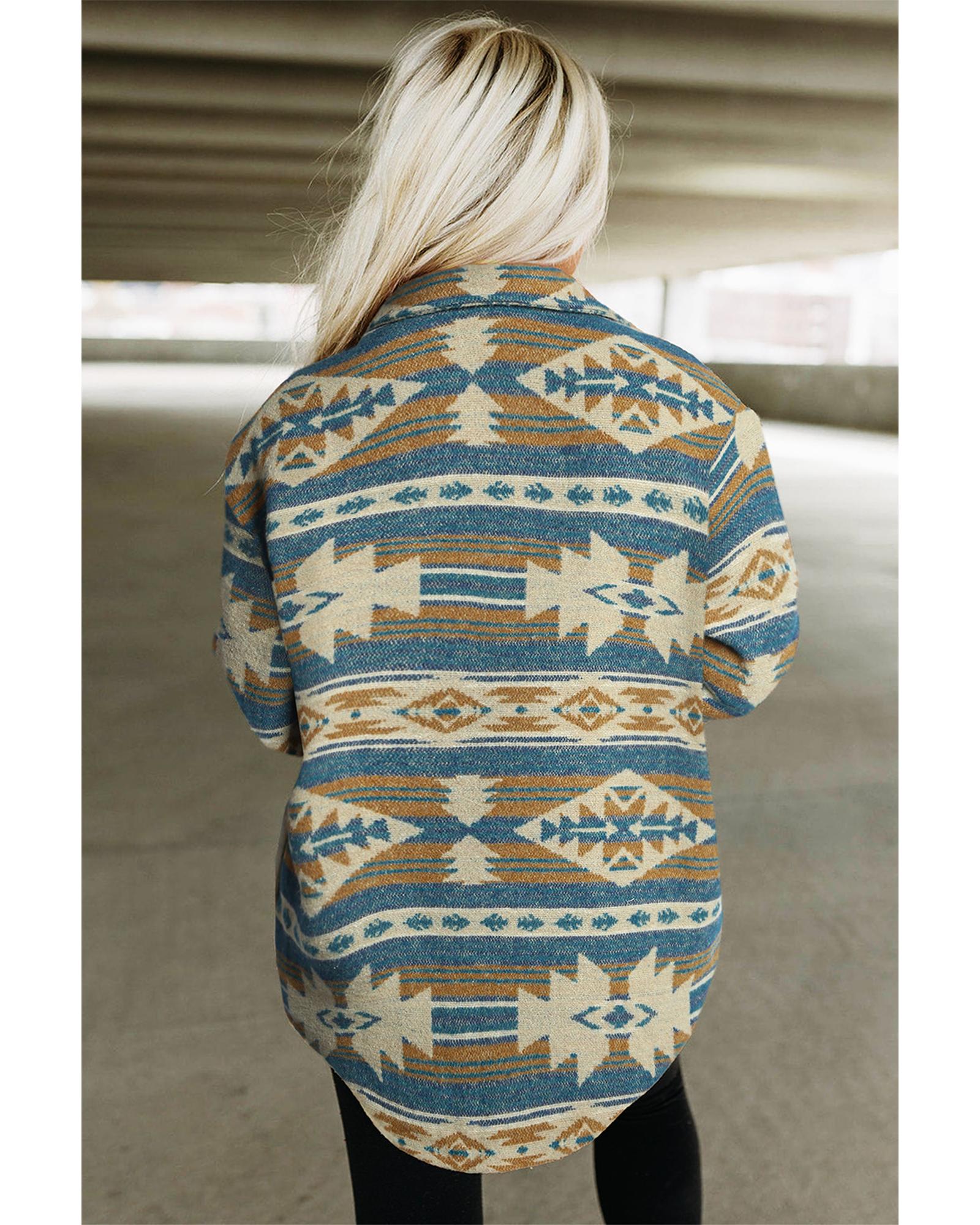 Azura Exchange Blue Western Aztec Print Button Flap Pocket Shacket - M