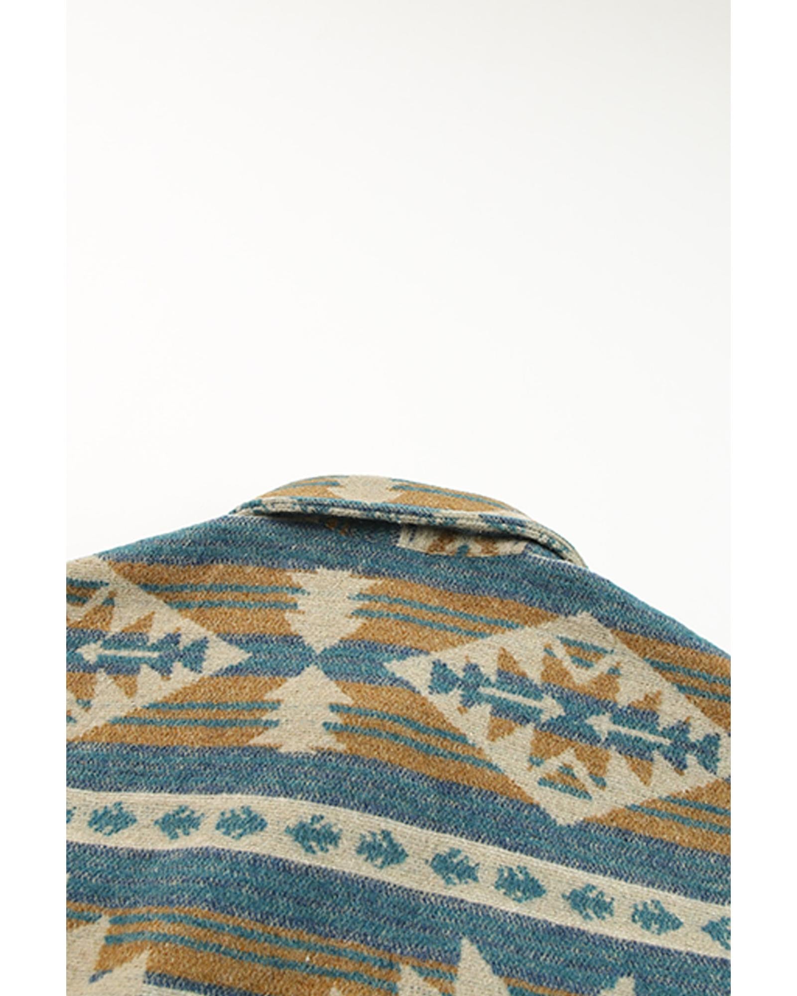 Azura Exchange Blue Western Aztec Print Button Flap Pocket Shacket - M