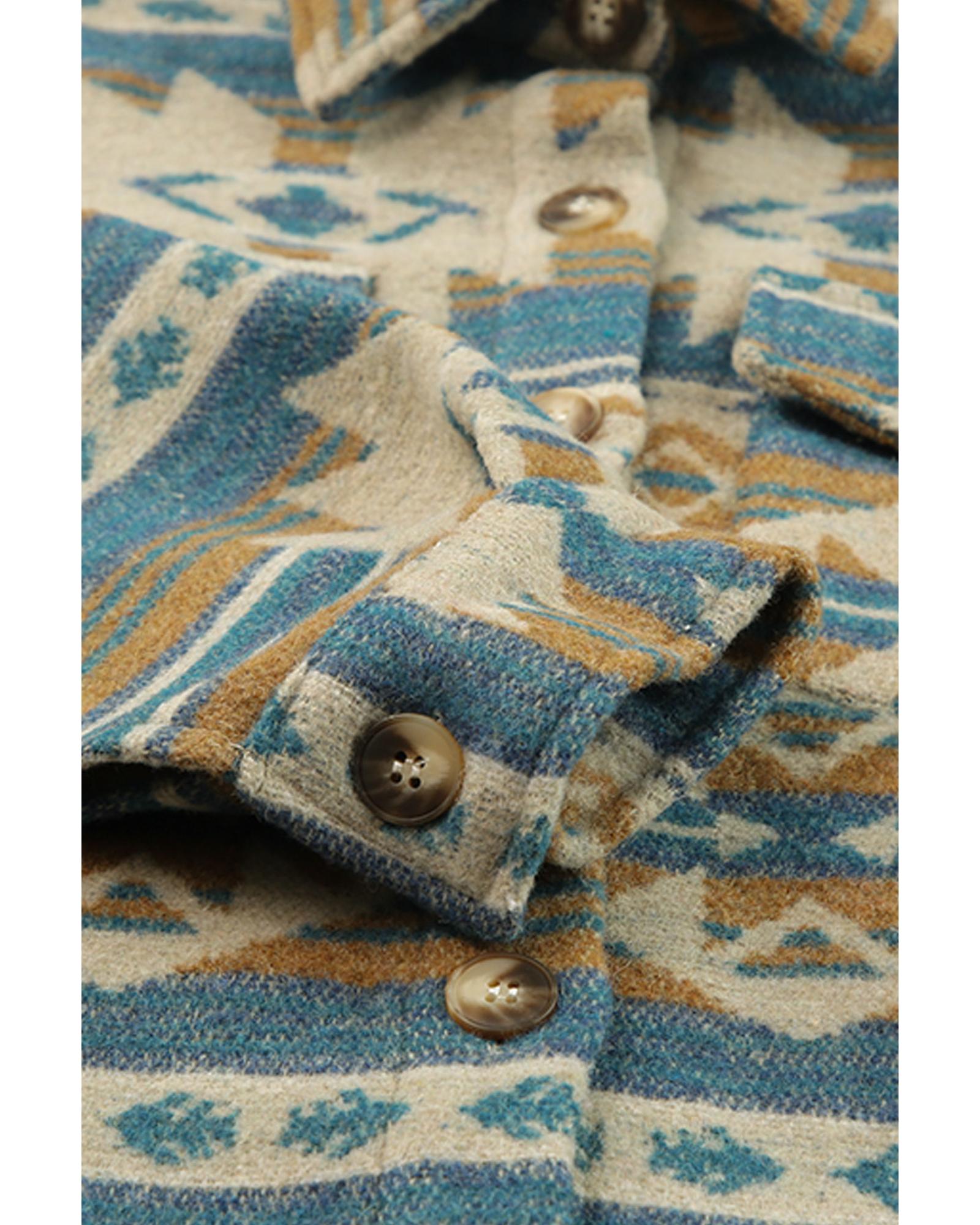 Azura Exchange Blue Western Aztec Print Button Flap Pocket Shacket - M