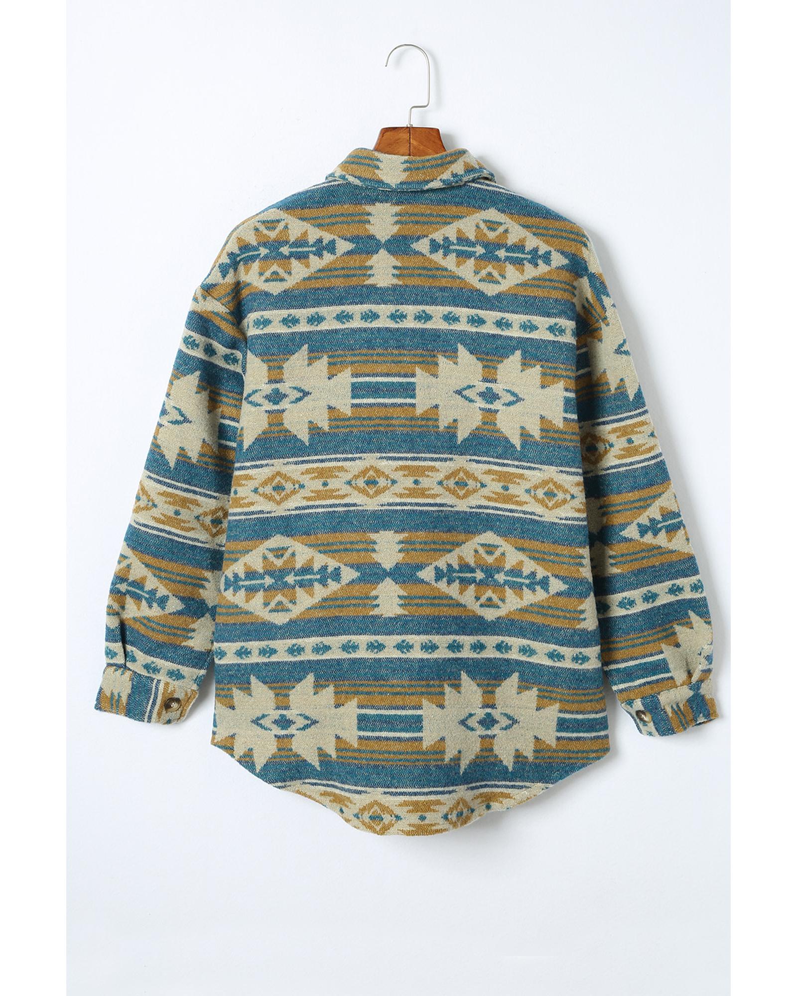 Azura Exchange Blue Western Aztec Print Button Flap Pocket Shacket - S