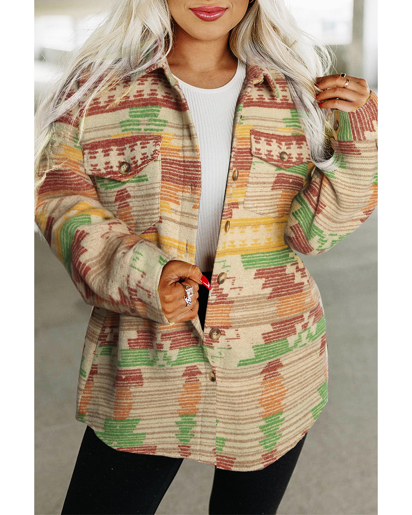 Yellow Western Aztec Print Button Flap Pocket Shacket - 2XL