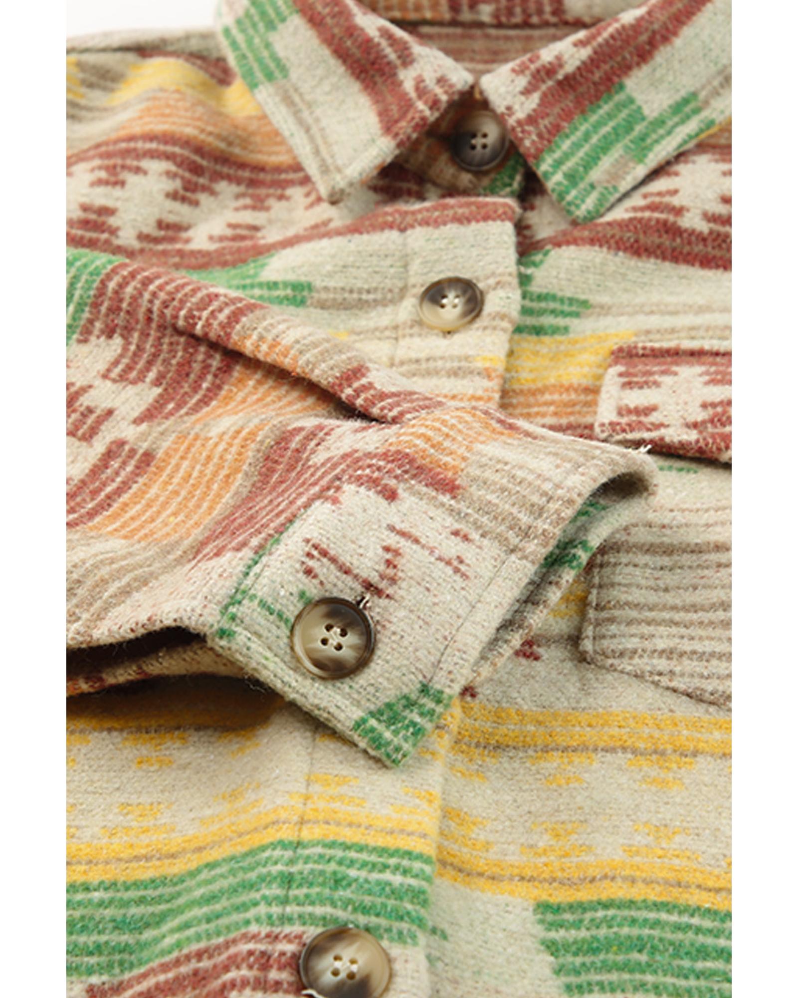 Yellow Western Aztec Print Button Flap Pocket Shacket - L