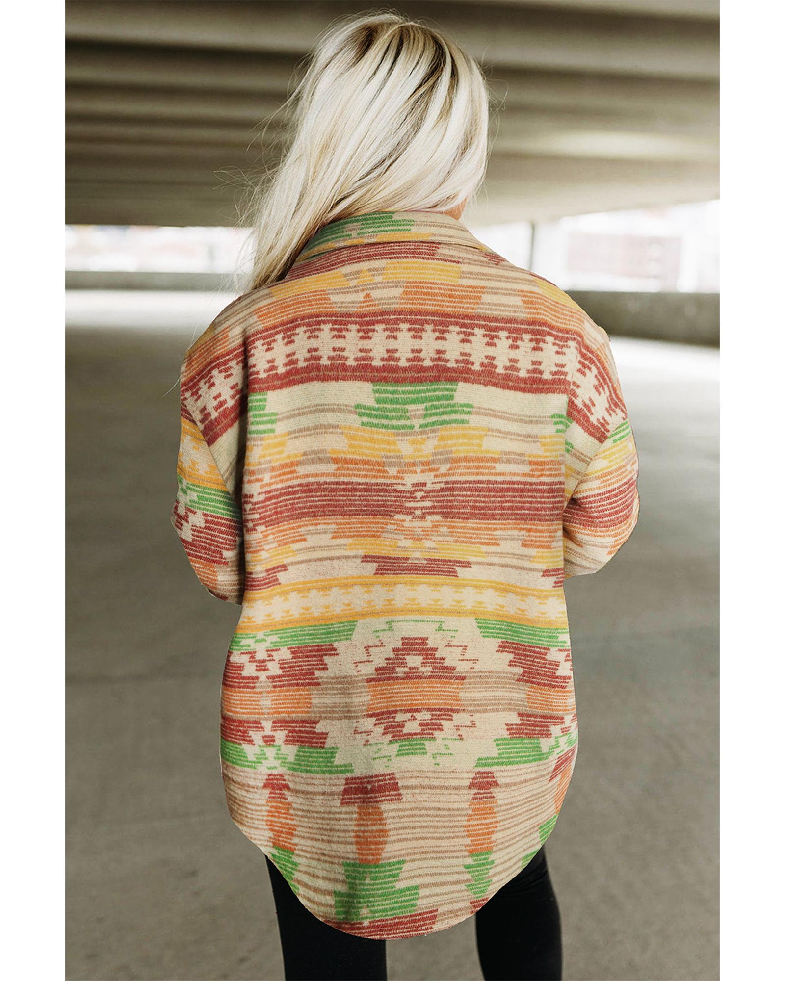 Yellow Western Aztec Print Button Flap Pocket Shacket - M