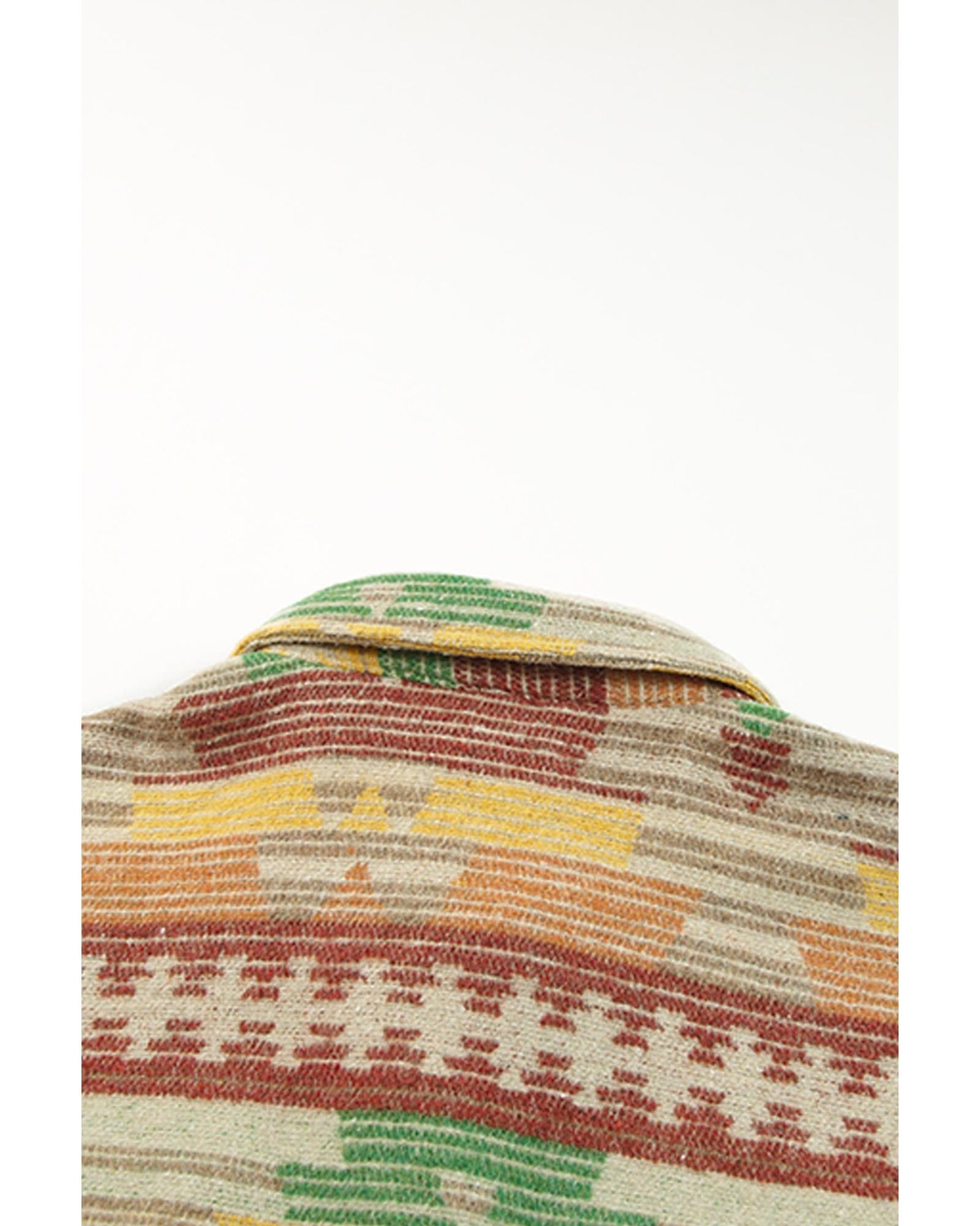 Yellow Western Aztec Print Button Flap Pocket Shacket - M