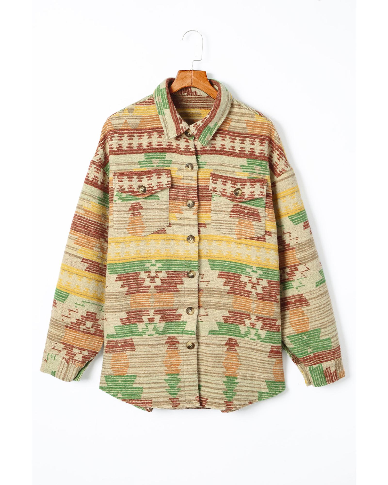Yellow Western Aztec Print Button Flap Pocket Shacket - S