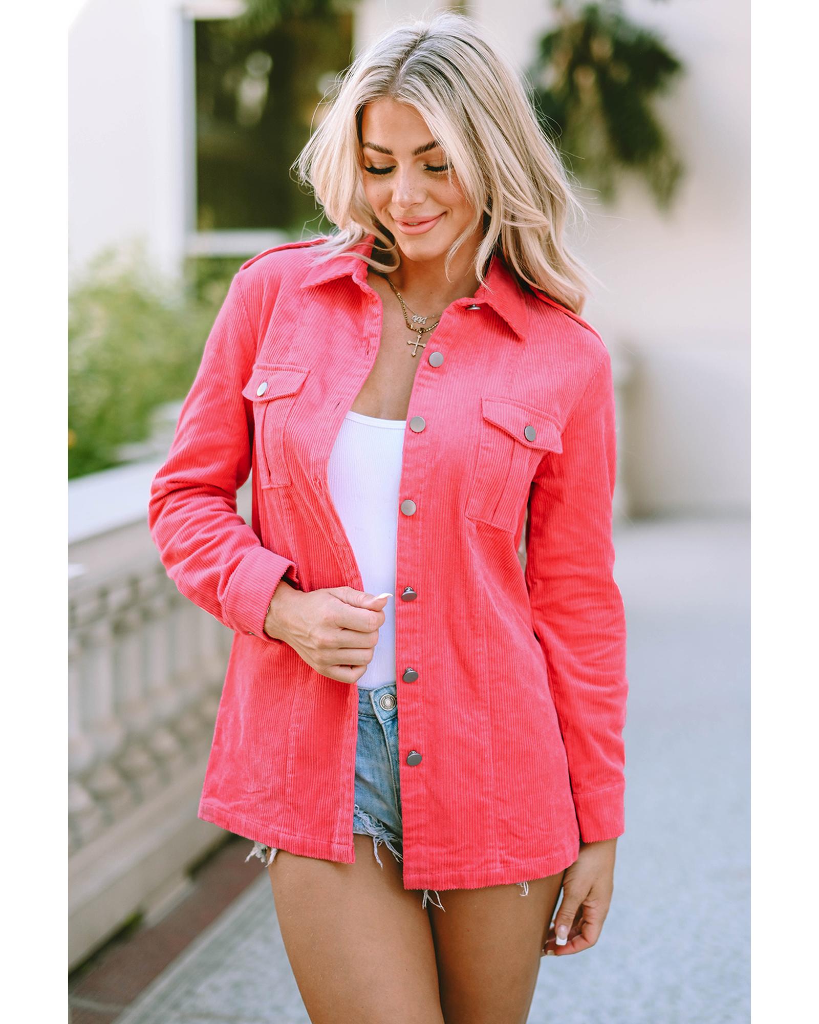Pink Buttoned Flap Pocket Corduroy Jacket - S