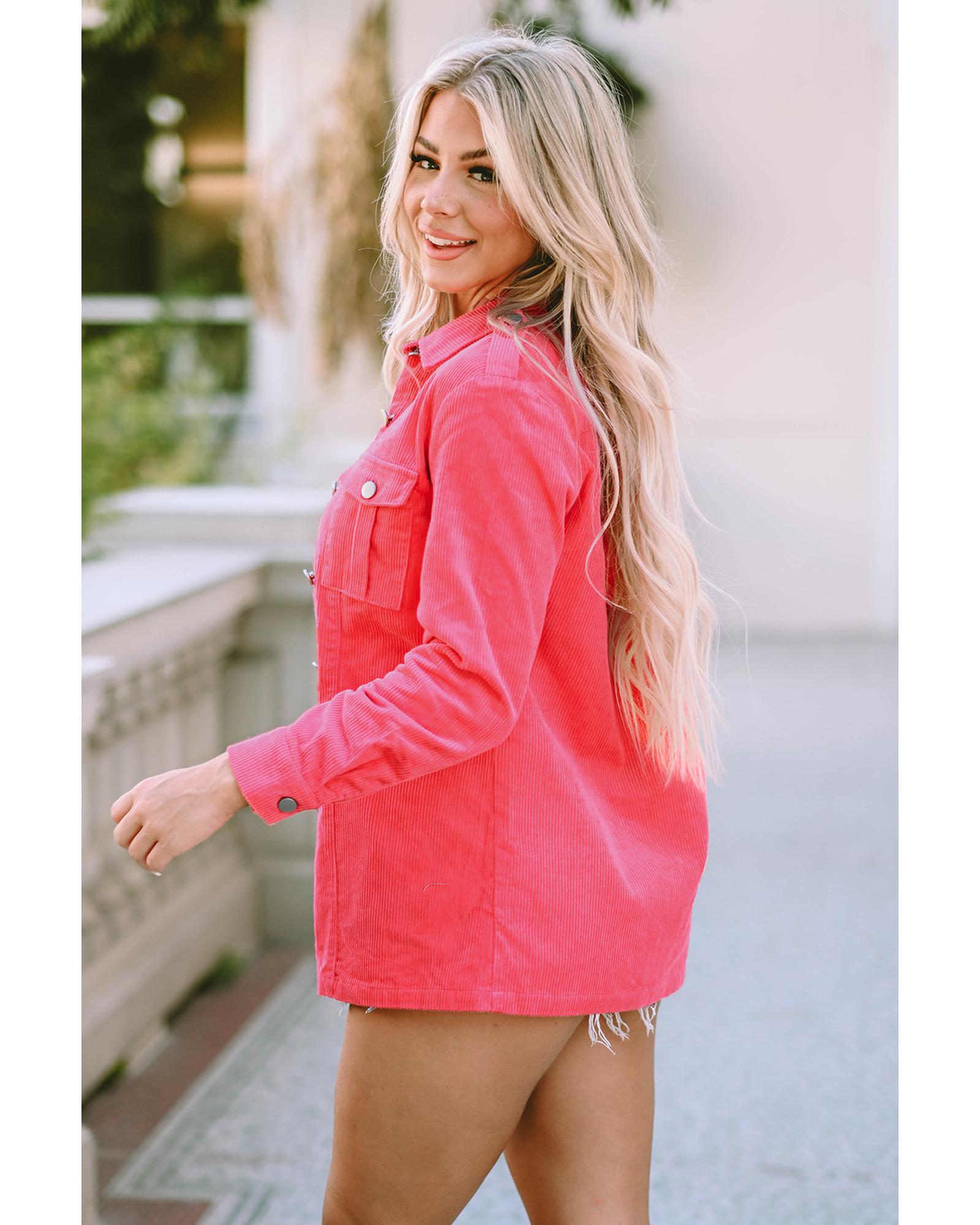 Pink Buttoned Flap Pocket Corduroy Jacket - S