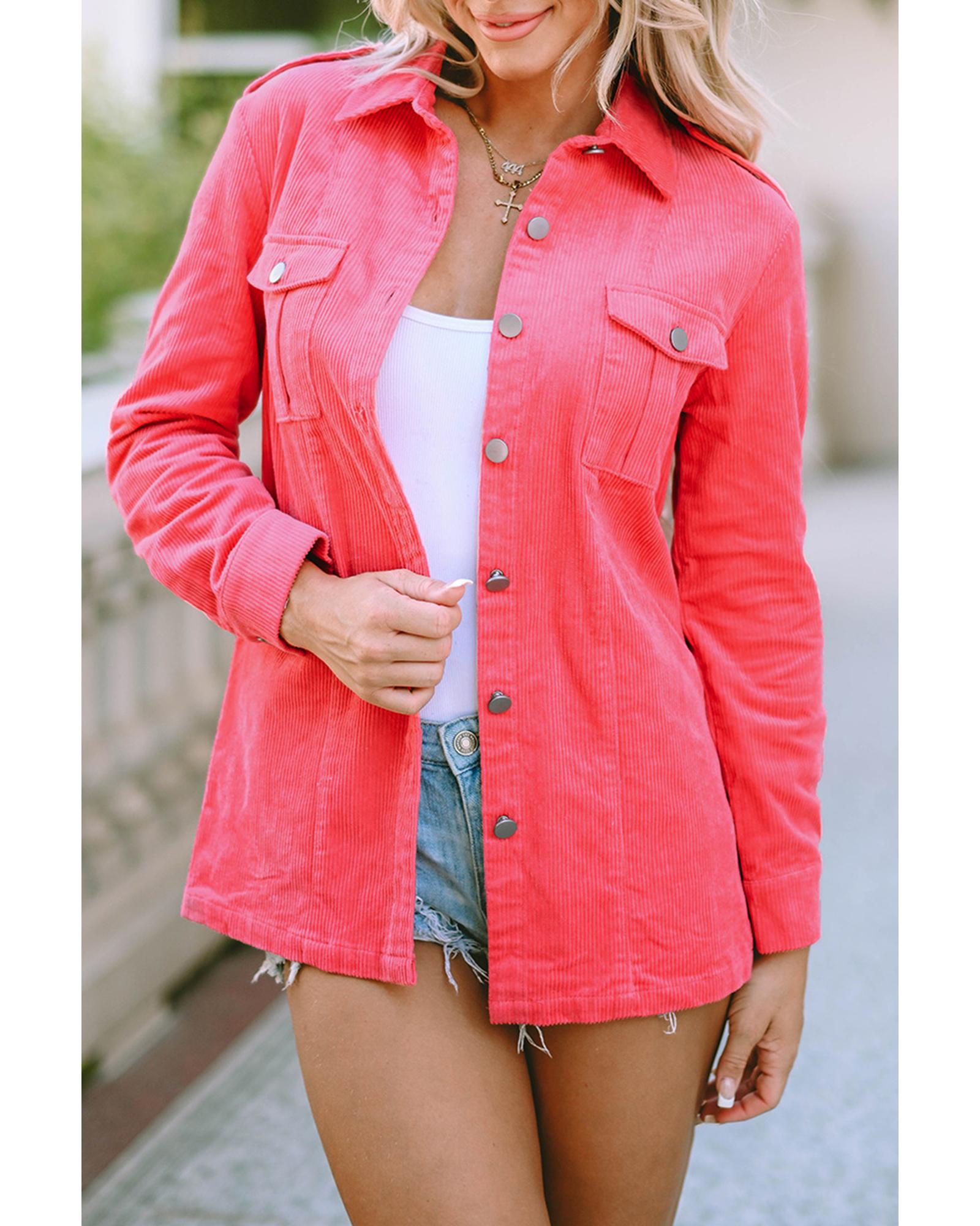 Pink Buttoned Flap Pocket Corduroy Jacket - XL