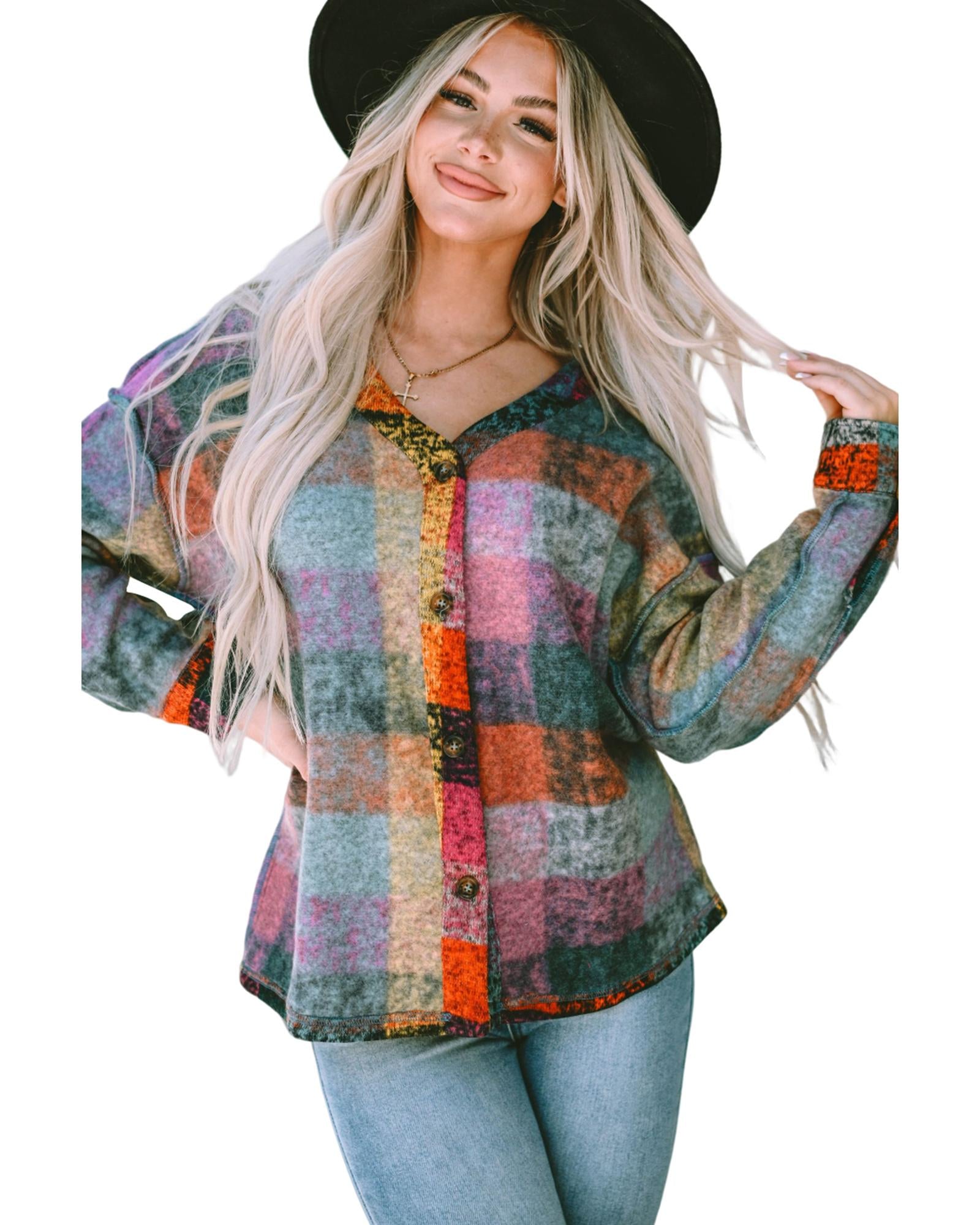 Multicolor Brushed Checked Western Buttoned Jacket - S