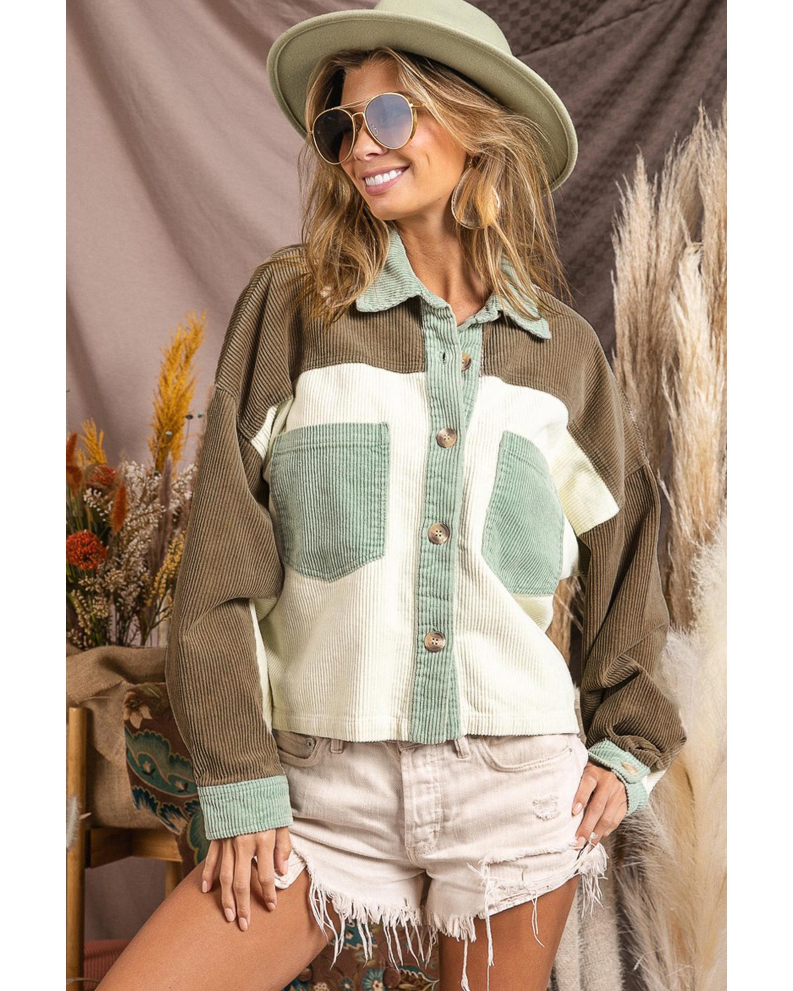 Green Color Block Patchwork Vintage Corduroy Jacket - M