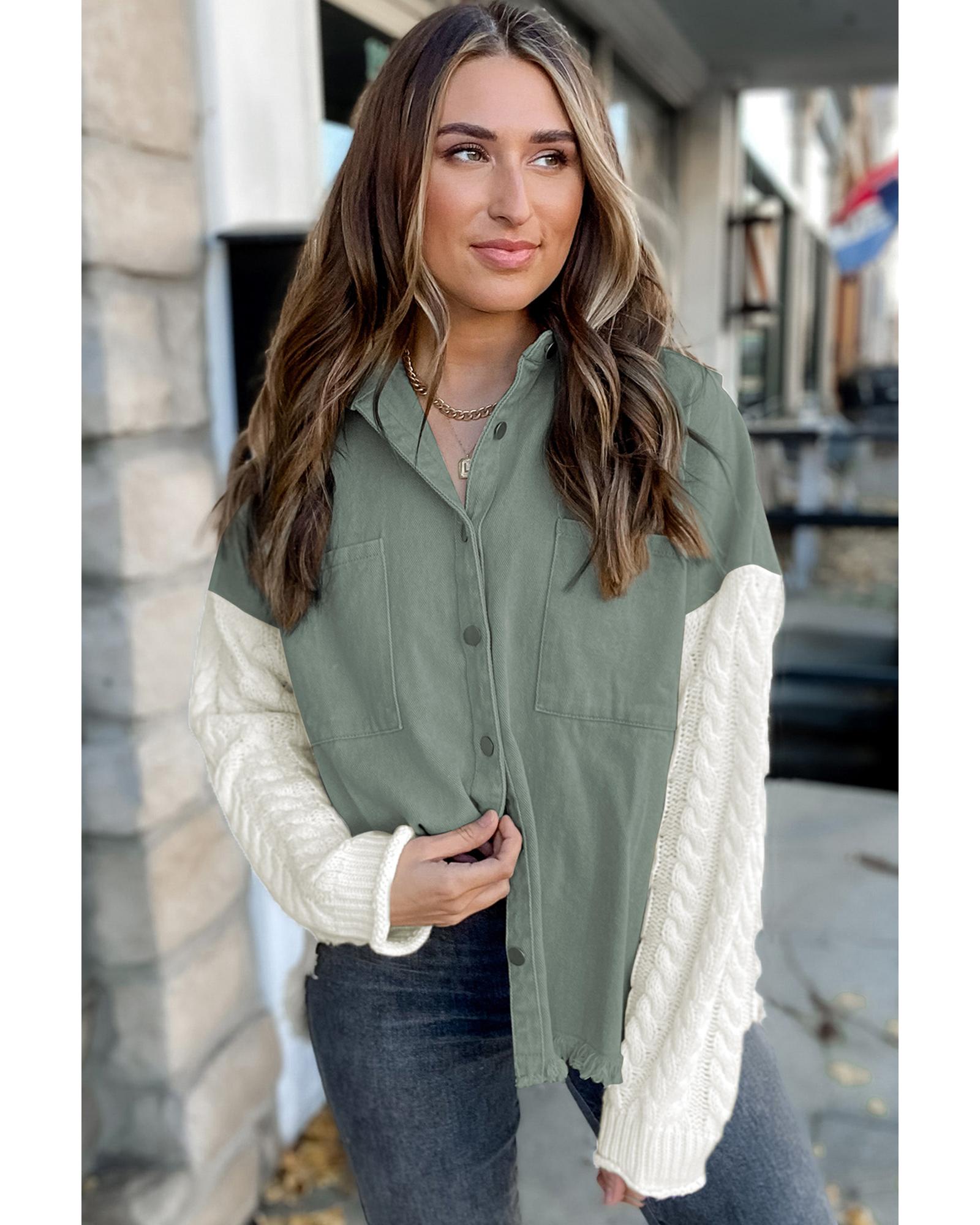 Green Cable Knit Sleeve Raw Hem Shacket - M