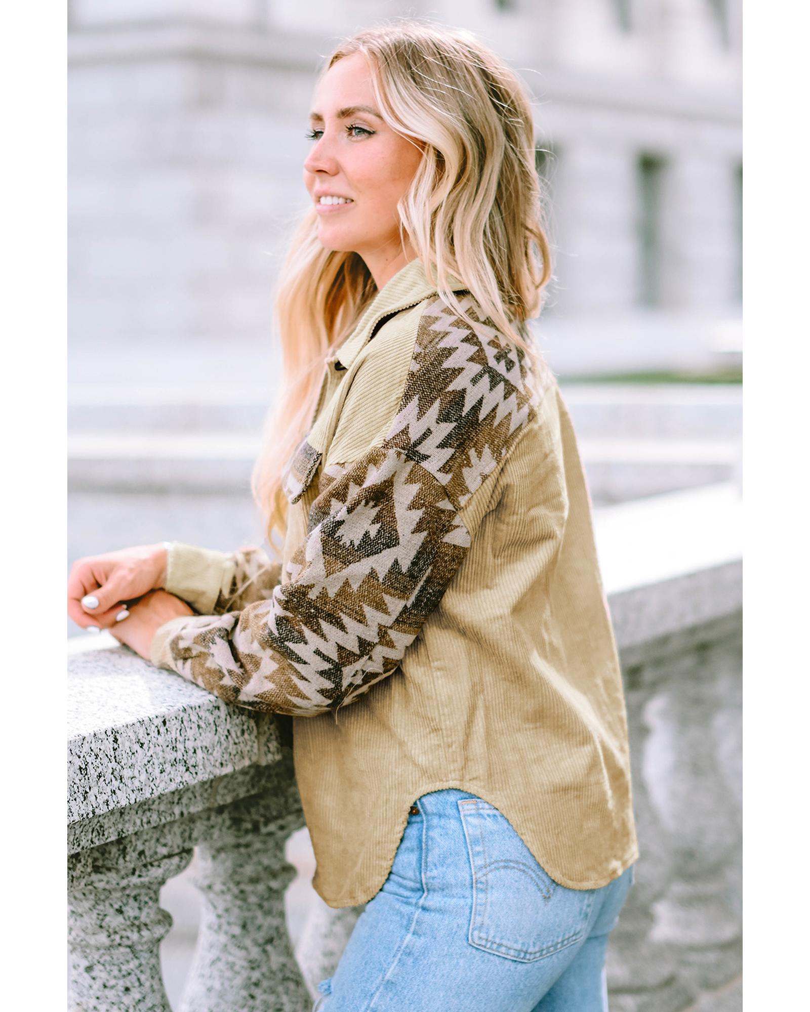 Khaki Aztec Print Patchwork Frayed Edge Corduroy Jacket - L