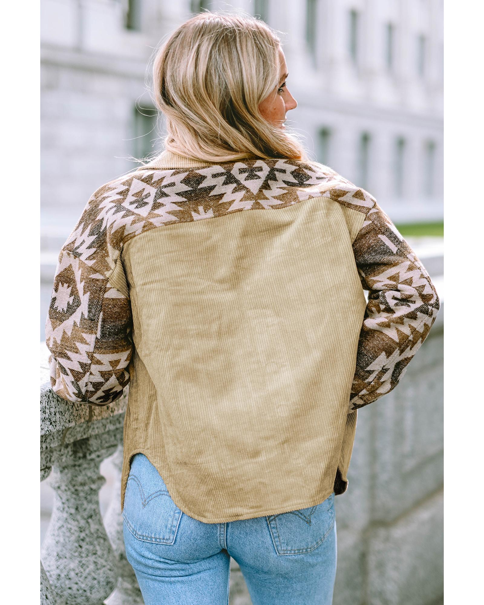 Khaki Aztec Print Patchwork Frayed Edge Corduroy Jacket - L
