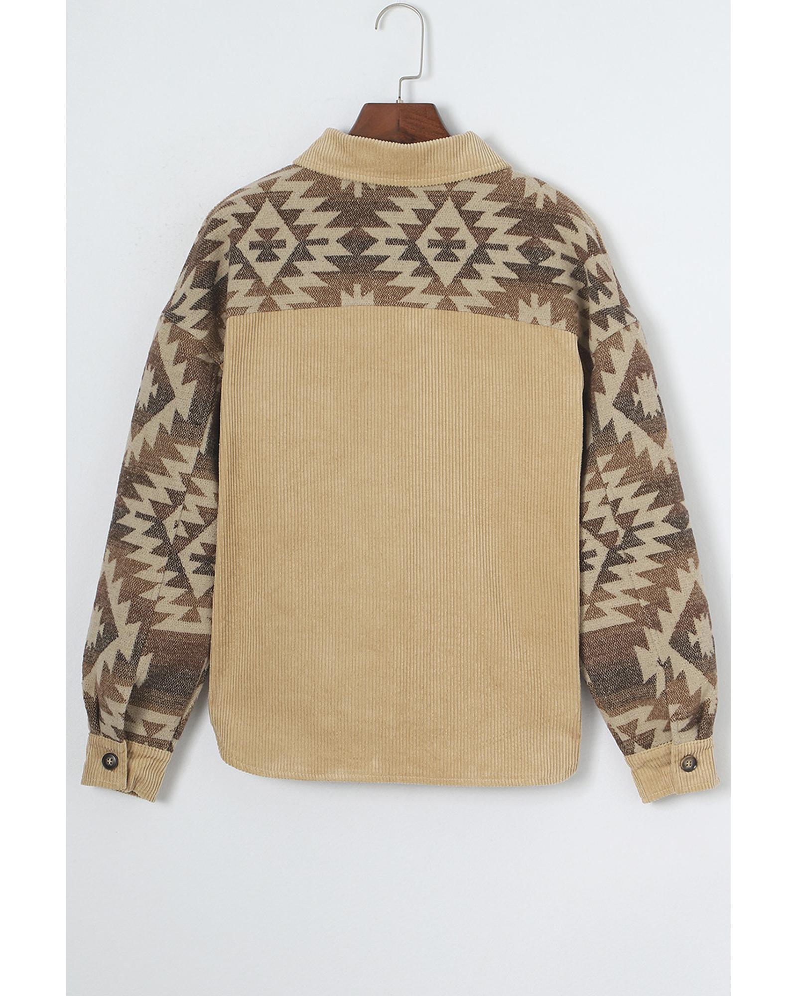 Khaki Aztec Print Patchwork Frayed Edge Corduroy Jacket - L