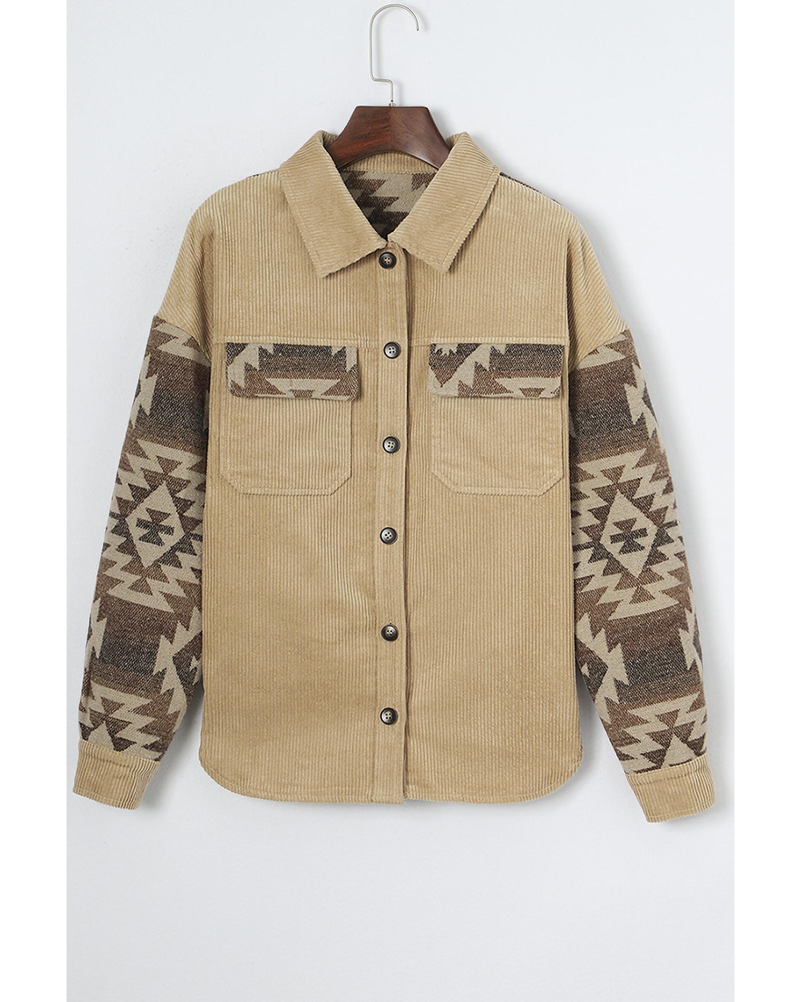 Khaki Aztec Print Patchwork Frayed Edge Corduroy Jacket - M