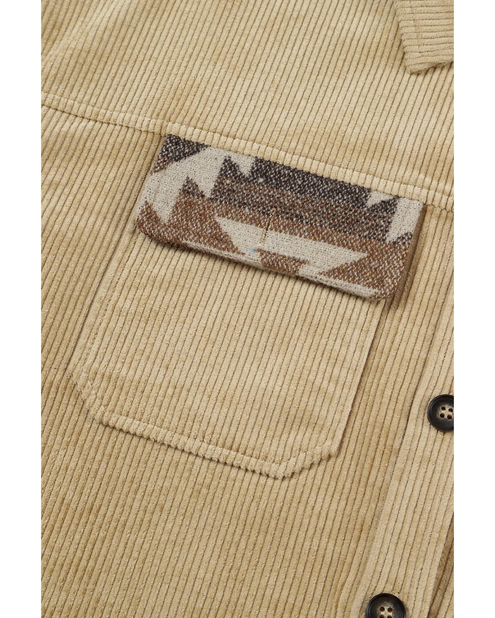 Khaki Aztec Print Patchwork Frayed Edge Corduroy Jacket - M