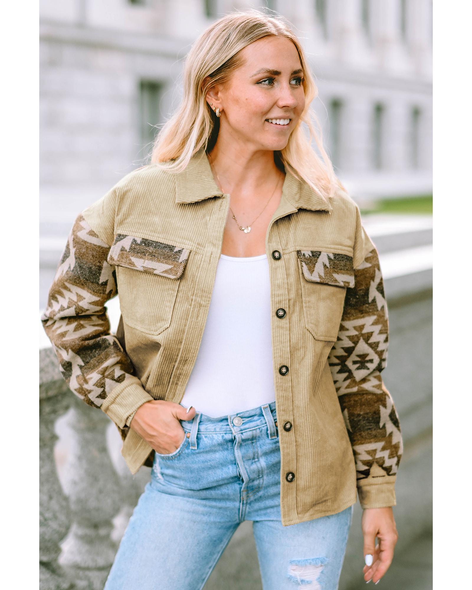 Khaki Aztec Print Patchwork Frayed Edge Corduroy Jacket - M