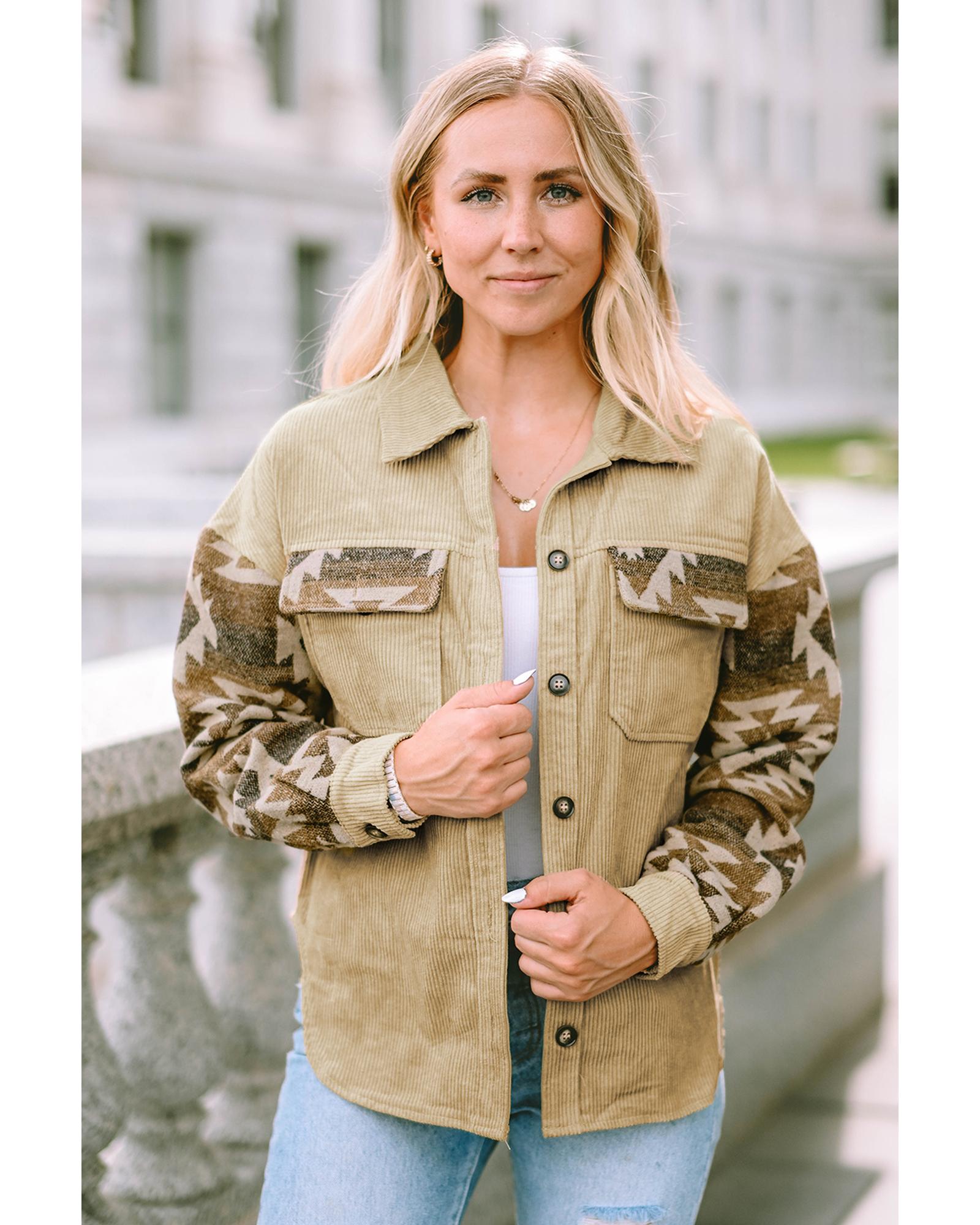 Khaki Aztec Print Patchwork Frayed Edge Corduroy Jacket - M