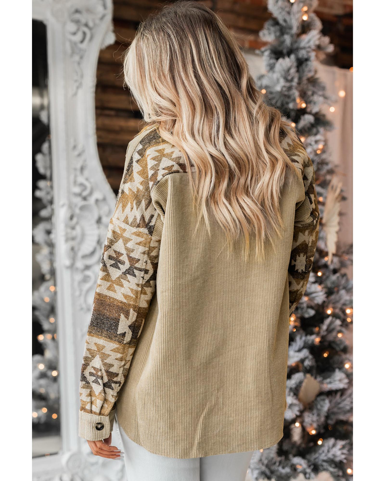 Khaki Aztec Print Patchwork Frayed Edge Corduroy Jacket - S