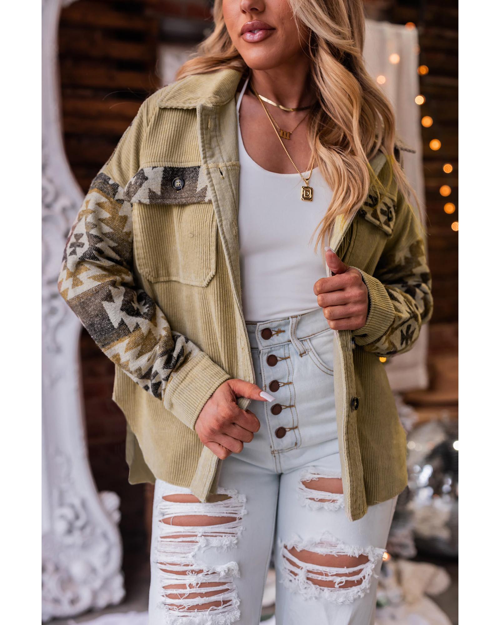 Khaki Aztec Print Patchwork Frayed Edge Corduroy Jacket - XL