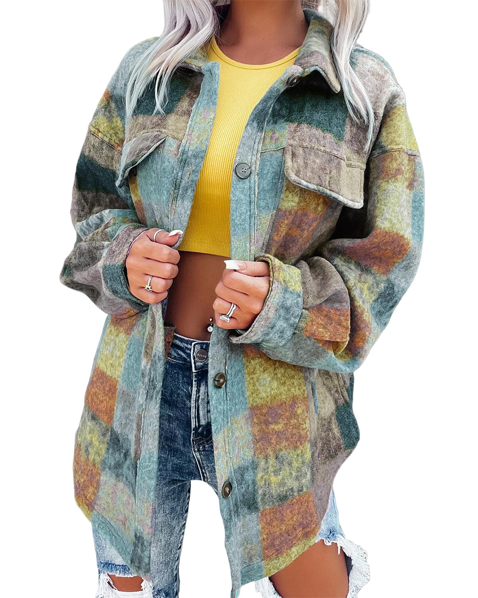 Multicolor Brushed Plaid Pocketed Oversize Shacket - L