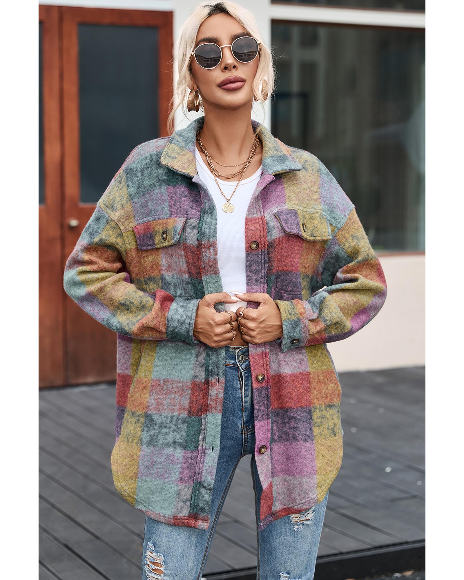 Multicolor Brushed Plaid Pocketed Oversize Shacket - L