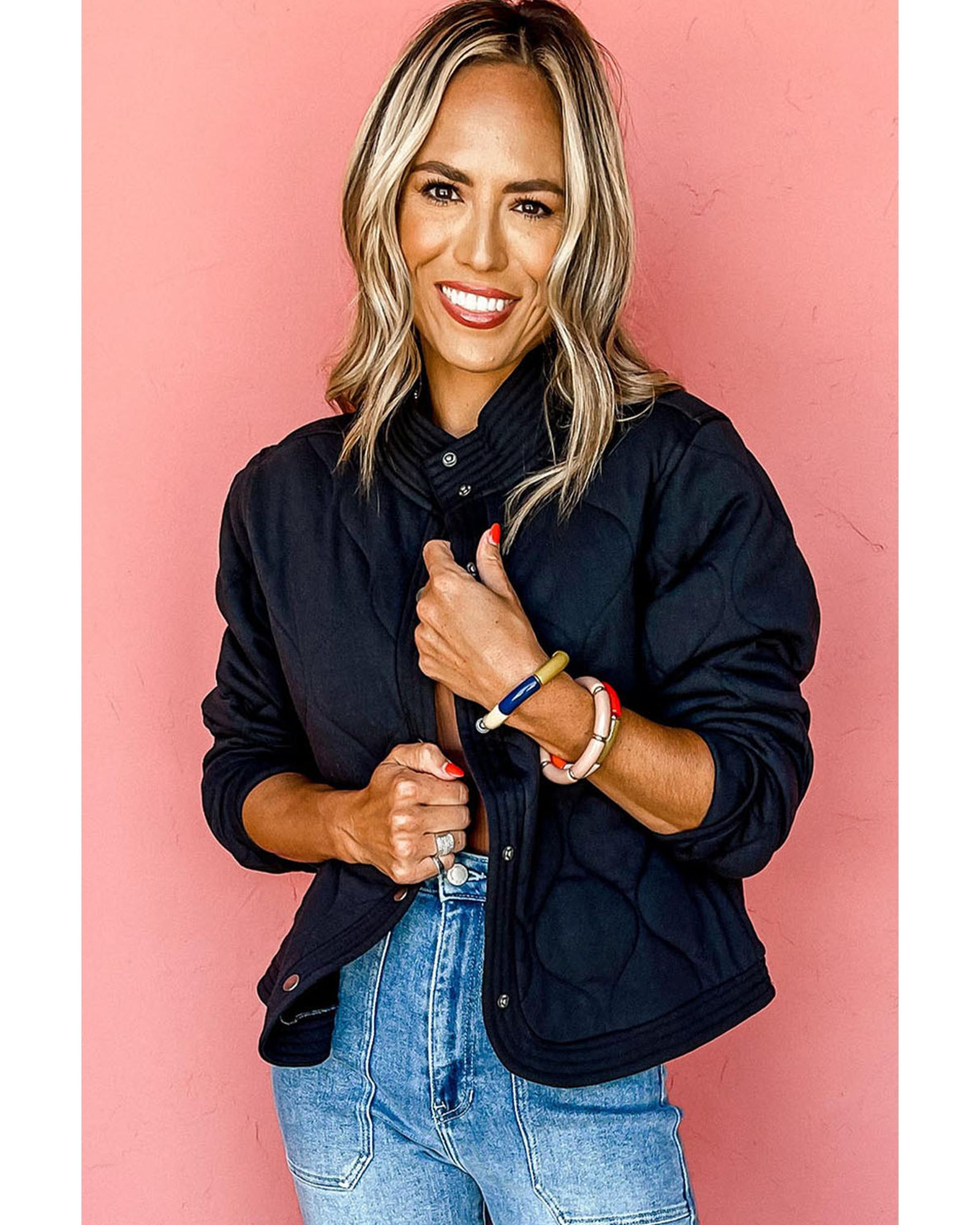 Black Solid Color Quilted Snap Button Jacket - L