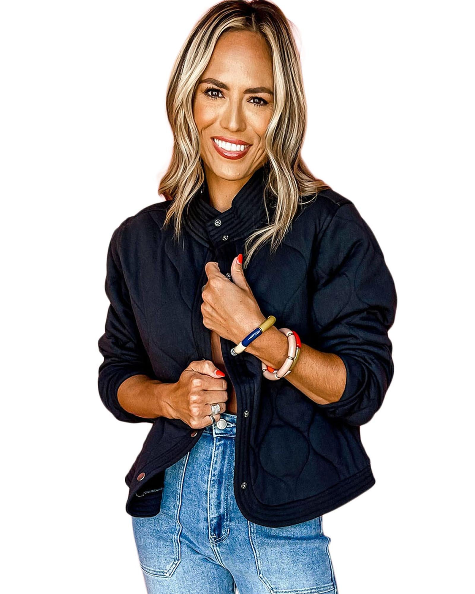 Black Solid Color Quilted Snap Button Jacket - L