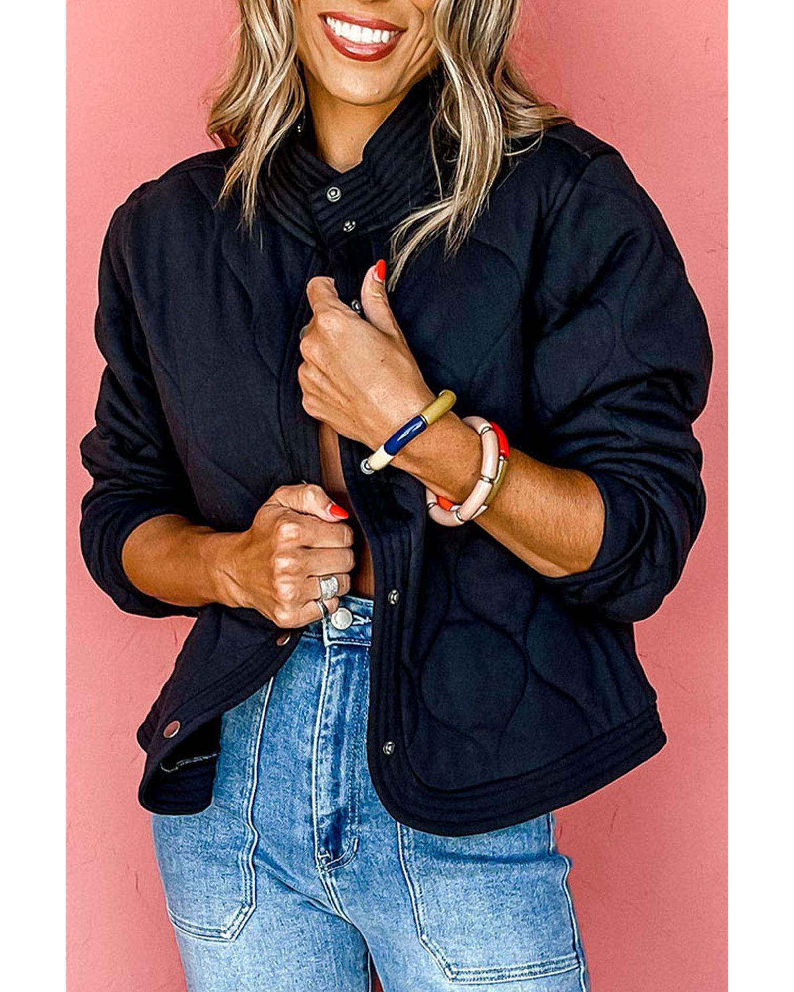 Black Solid Color Quilted Snap Button Jacket - XL